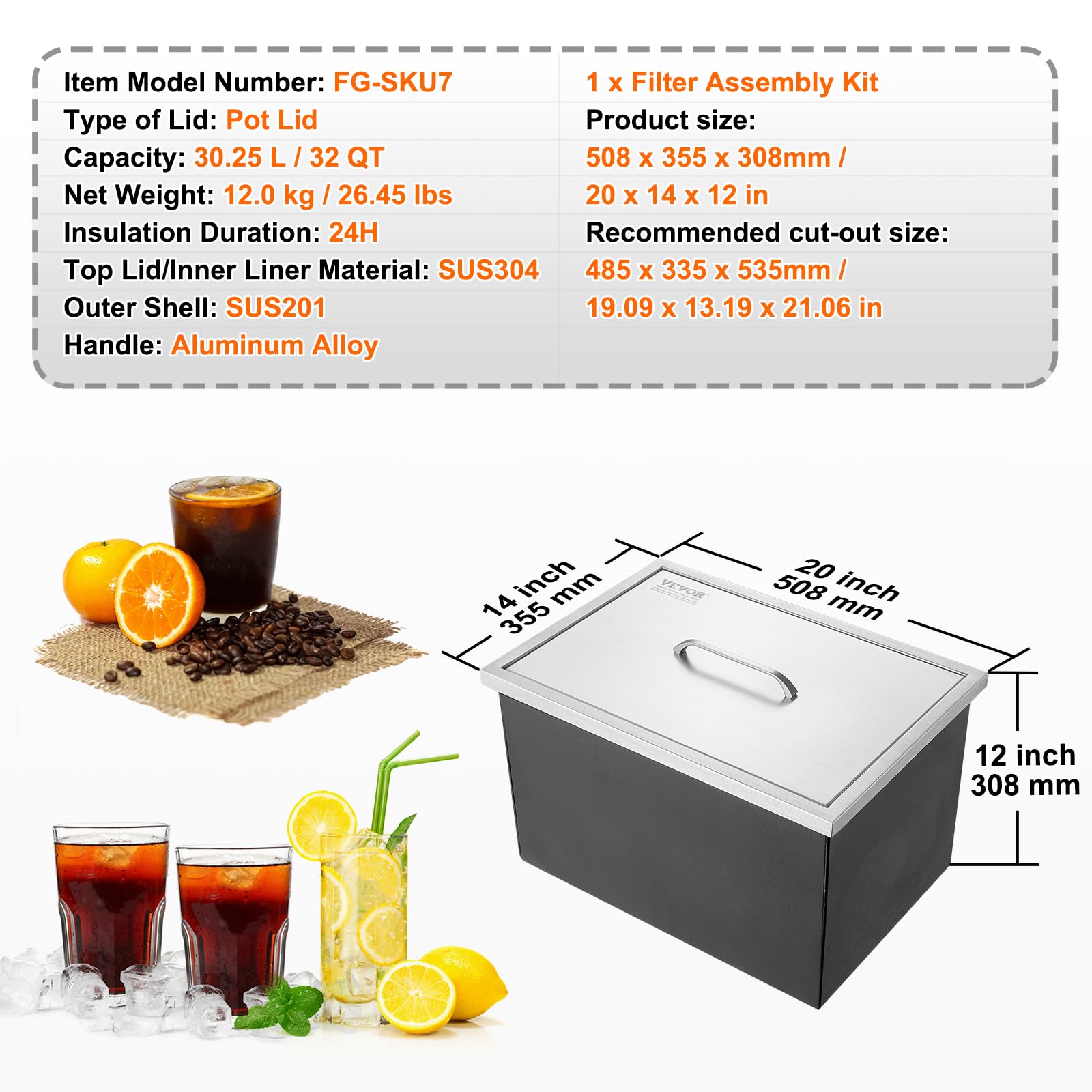 VEVOR 40QT Stainless Steel Drop-in Ice Chest Cooler - 20