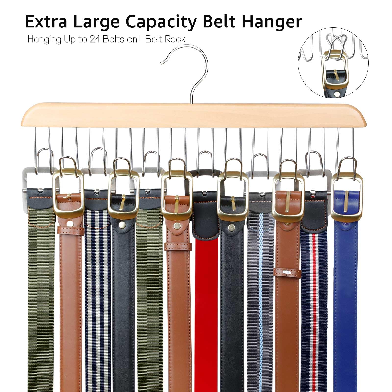 ManGotree Wooden Belt Hanger for Closet Organizer - 12 Hook Space Saving Belt Rack for Belts, Ties, Scarves, Hats & Accessories - Sturdy Wood Storage Solution (2 Pack, Natural) - Perfect for Bedroom, Closet & Entryway Organization