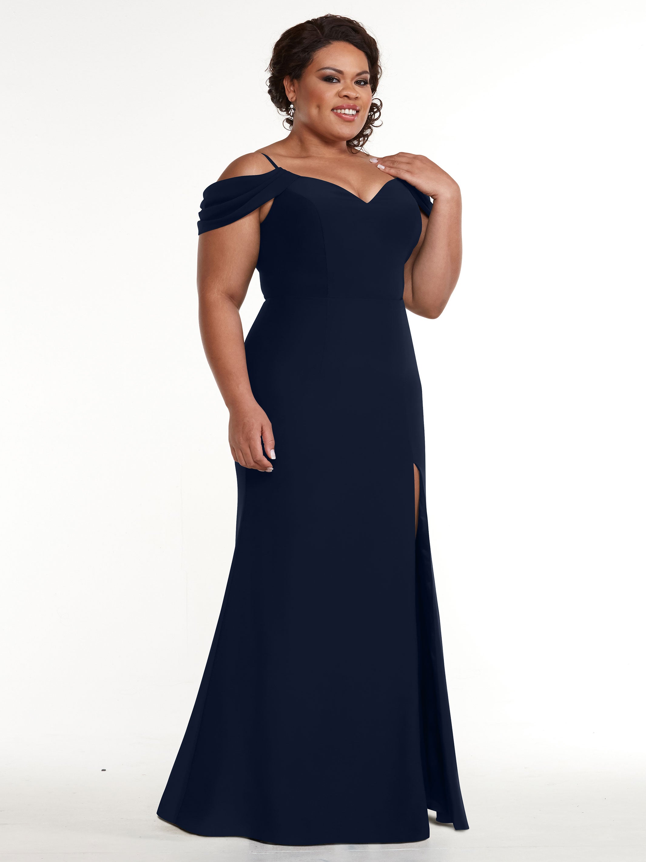 Elegant 83029 Fitted Stretch Chiffon Off-The-Shoulder Bridesmaid Dress with High Slit - Perfect for Weddings, Prom & Formal Events