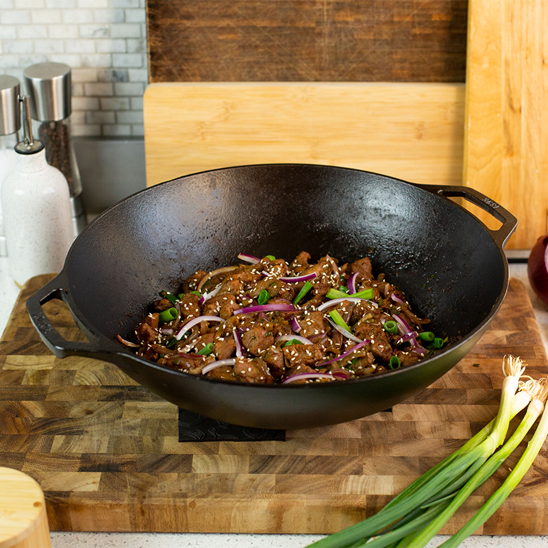 LODEN Cast Iron Wok Pan 14 Inch - Pre-Seasoned Carbon Steel Stir Fry Pan with Wooden Handle - Perfect for Asian Cooking, Stir Frying, Deep Frying & Camping Outdoor Use