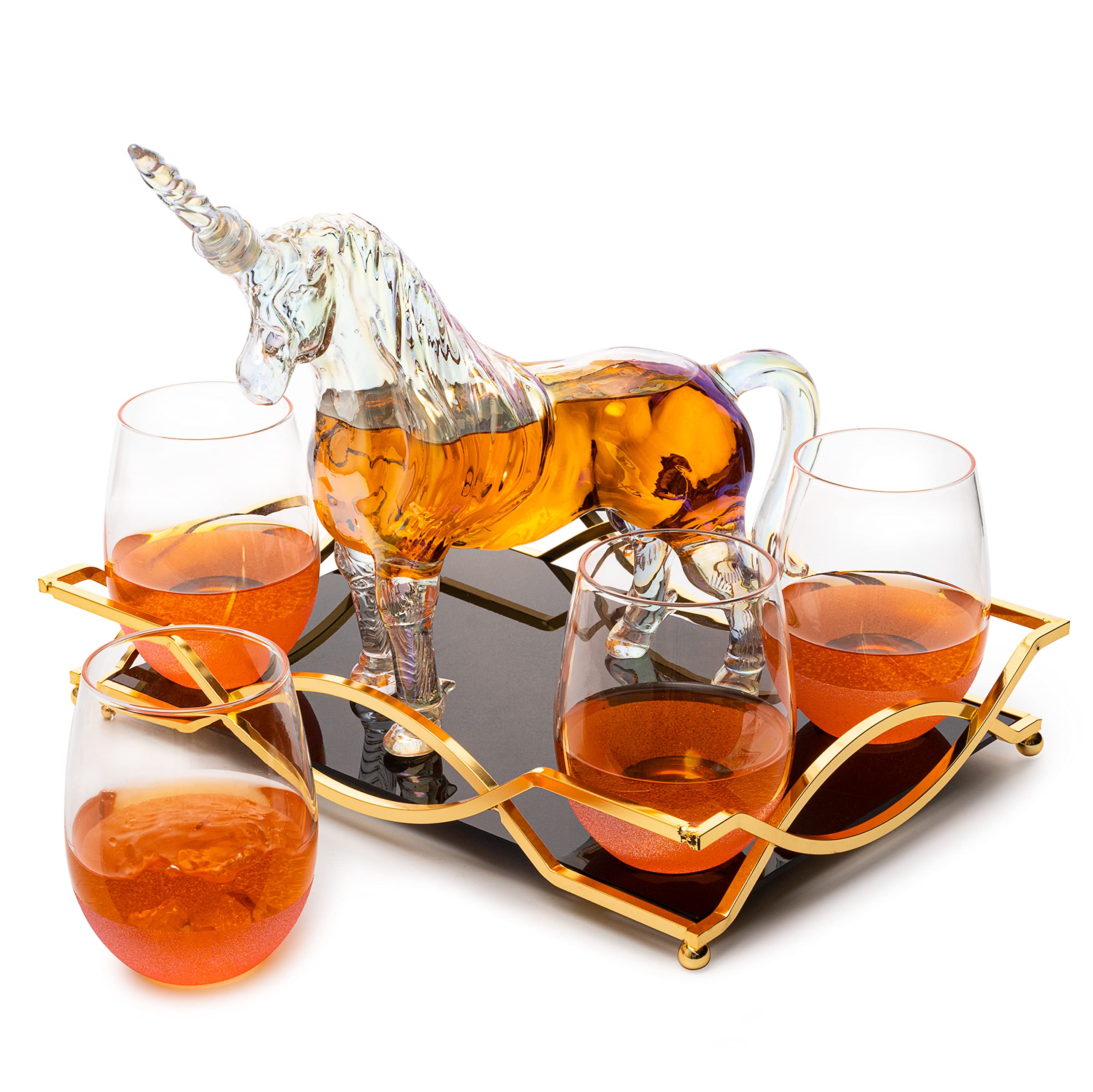 Iridescent Unicorn Wine Whiskey Decanter Set - 750ml Glass Decanter with 4 Pink Sparkle Glasses for Wine, Whiskey, Scotch, Tequila & Cocktails - Perfect for Unicorn Themed Parties, Bridal Showers & Unique Gifts - 14