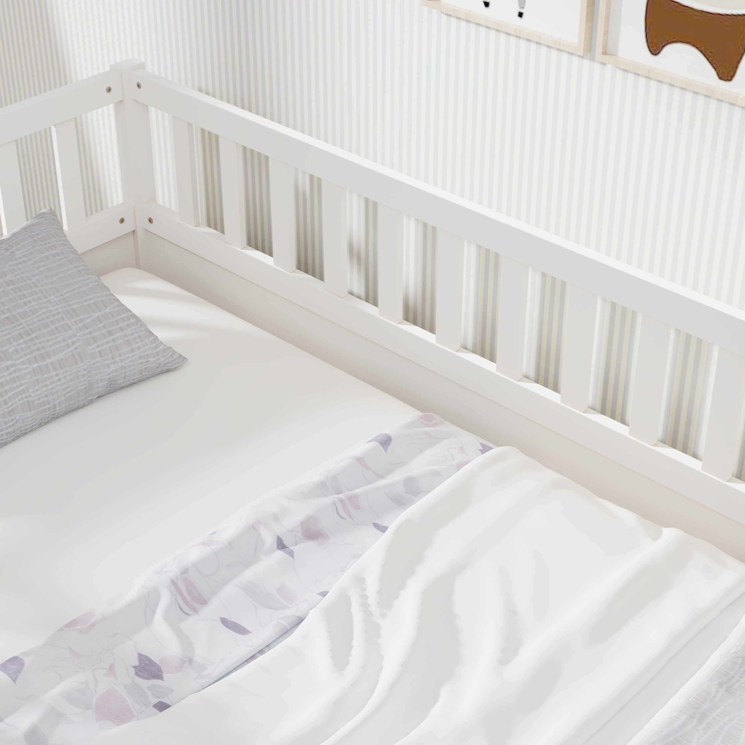 Montessori Twin Floor Bed with High Safety Rails & Door Design - Solid Wood Kids Bed Frame with Slats for Boys & Girls - White - Perfect for Toddler Rooms & Montessori Bedrooms