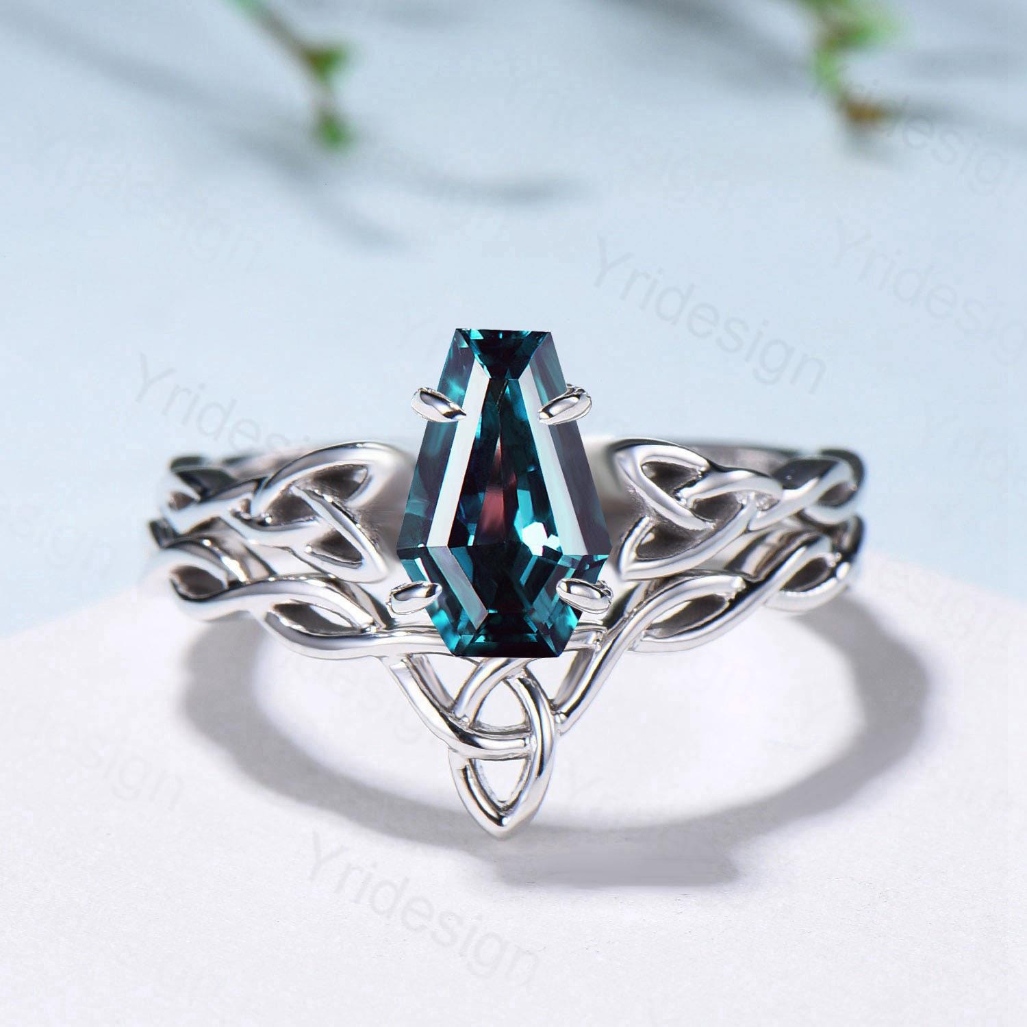 Viking Wedding Ring Set - Celtic Knot Lab Alexandrite Engagement & Wedding Band (June Birthstone) - Unique 2-Piece Twisted Bridal Jewelry Set for Norse-Inspired Weddings & Anniversary Gifts