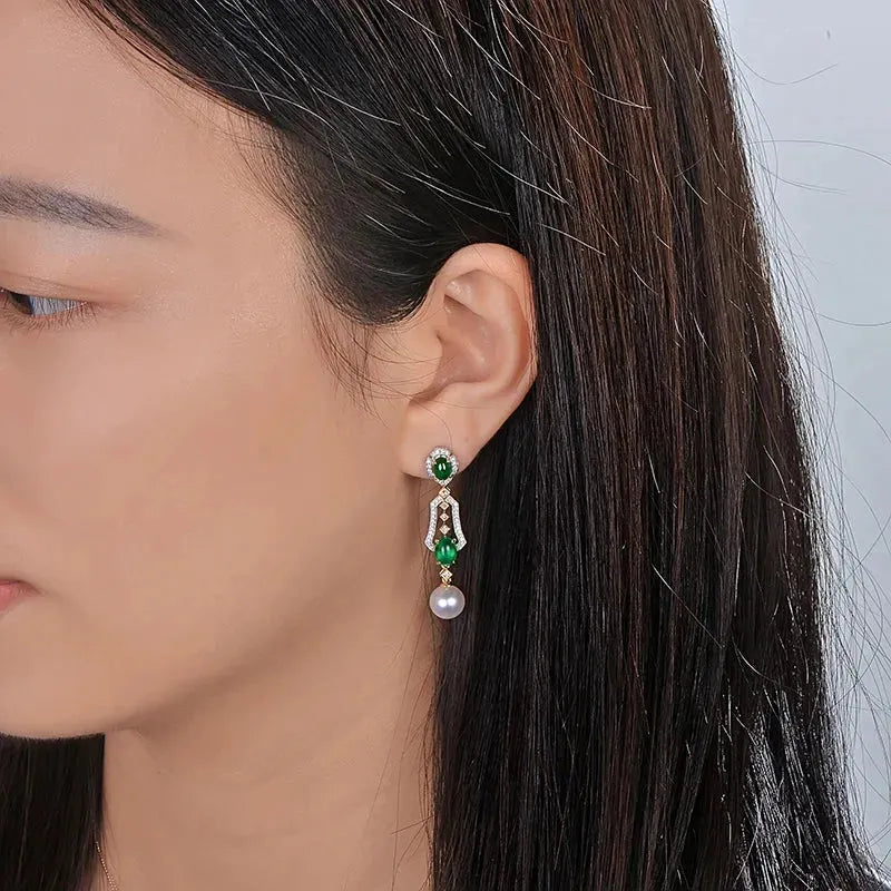 CAIMAO 2.31ctw Natural Cabochon Emerald & Diamond 8mm Pearl 18K Multi-Tone Gold Vintage Drop Earrings for Women | Elegant Evening Wear, Wedding Jewelry Gift