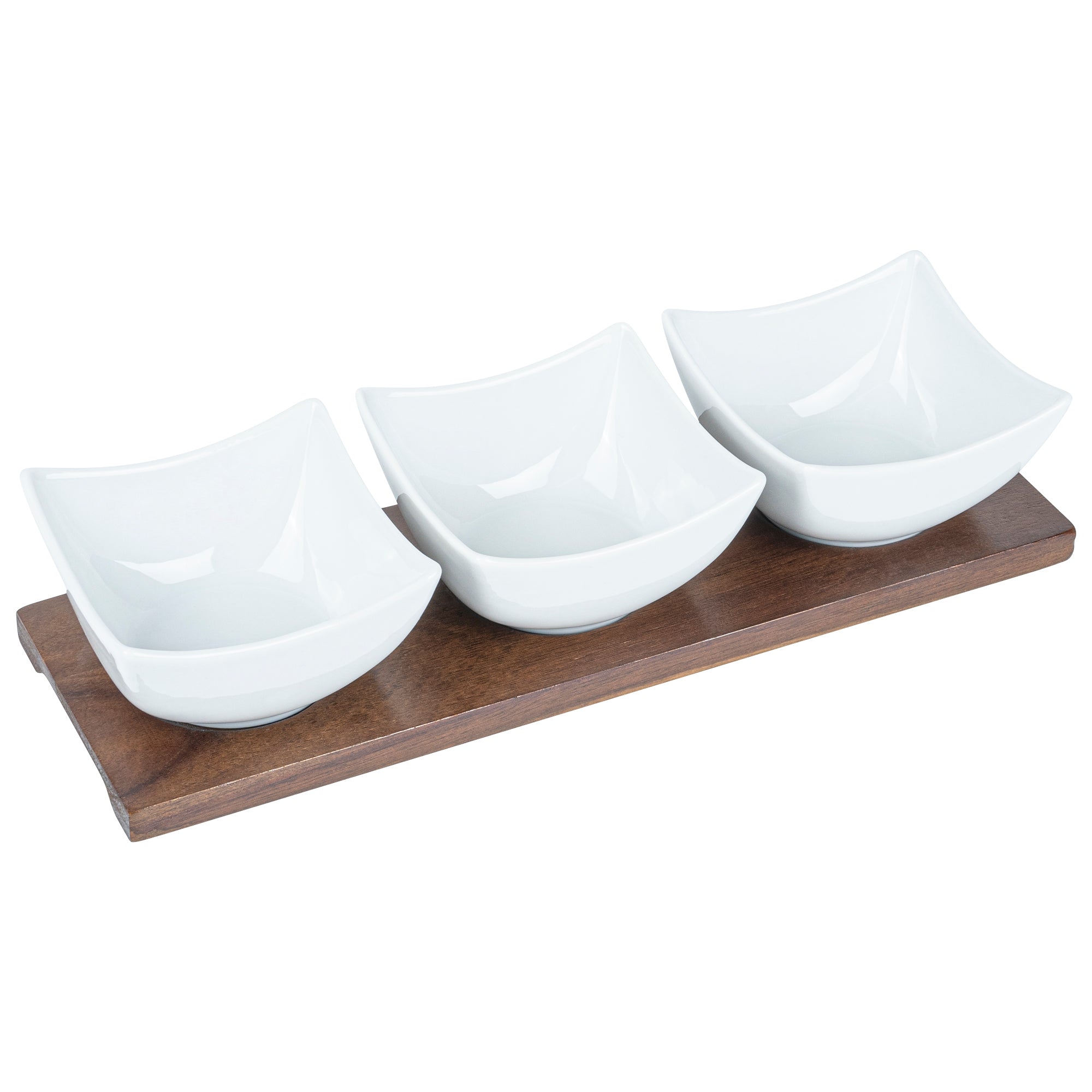 15 oz White Porcelain Cocktail Bowl Set with Bamboo Tray - 3 Rectangle Bowls (12x4x2.5 Inches) for Appetizers, Sushi & Party Snacks - Premium Dinnerware for Home & Restaurant Use