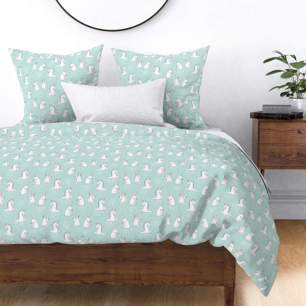 Whimsical Blue Unicorn Rabbit Bunny Narwhal Cotton Sateen Duvet Cover Twin Size - Funny Monochrome Magical Nautical Fairy Tale Print Custom Bedding for Kids' Room & Fantasy Themed Decor