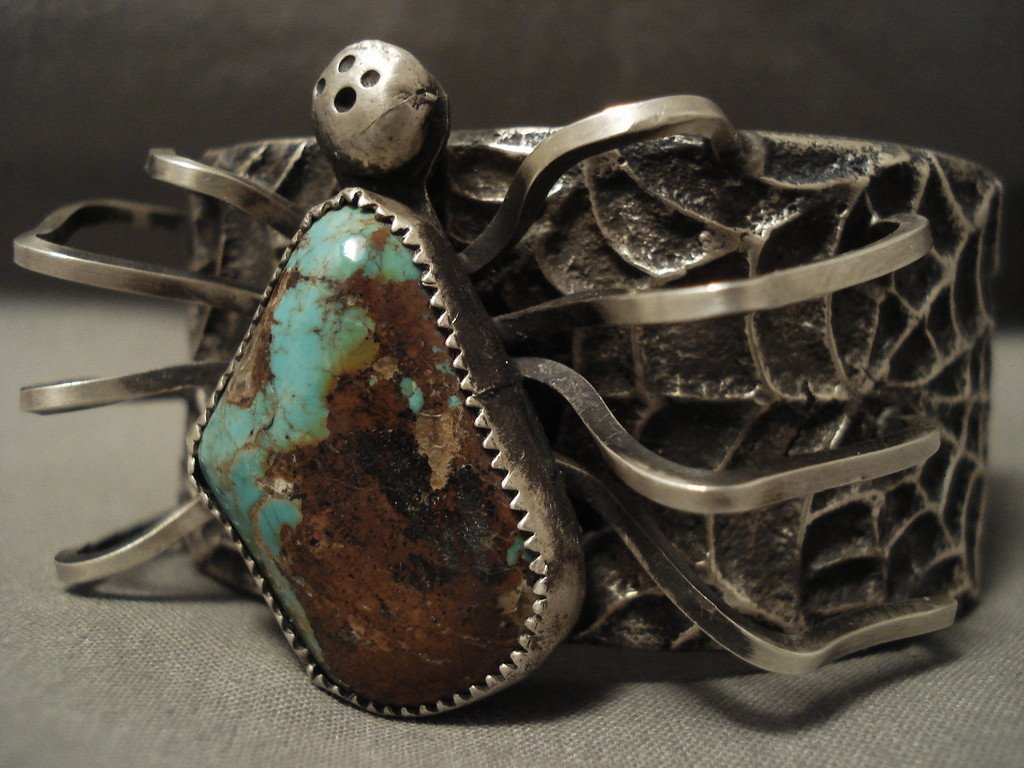 Authentic Navajo 'Royston Turquoise Spider' Sterling Silver Bracelet - 176g Native American Handmade Jewelry for Women, Boho Fashion Accessory, Perfect for Festivals & Special Occasions