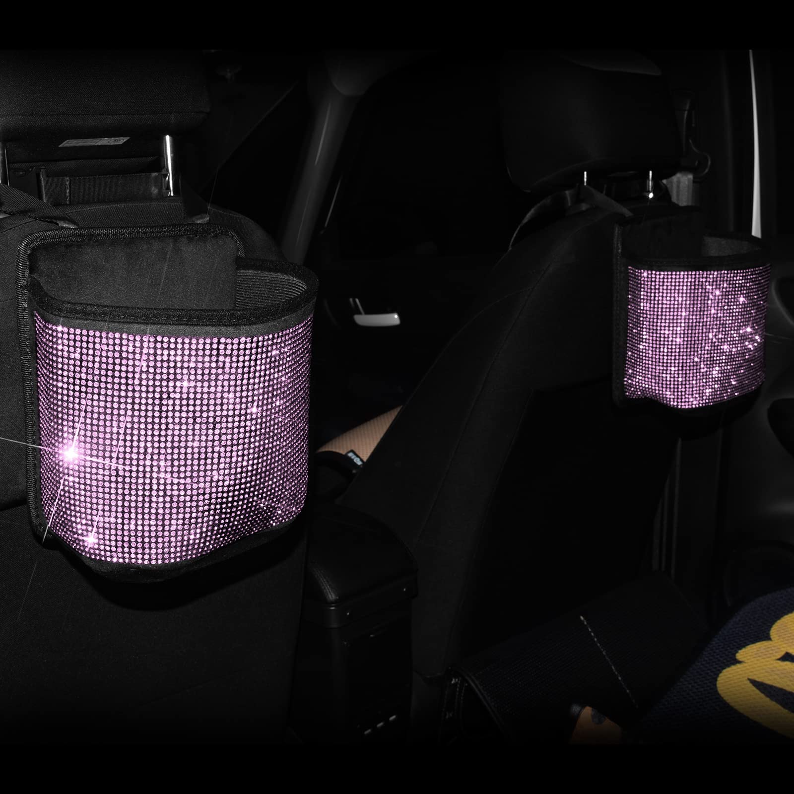 Premium Bling Crystal Car Seat Organizer - 2-Pack Pink Diamond Car Accessory for Front/Back Seat Storage | Travel Caddy Bag & Garbage Pocket Bin | Perfect for Road Trips, Daily Commute & Family Car Organization
