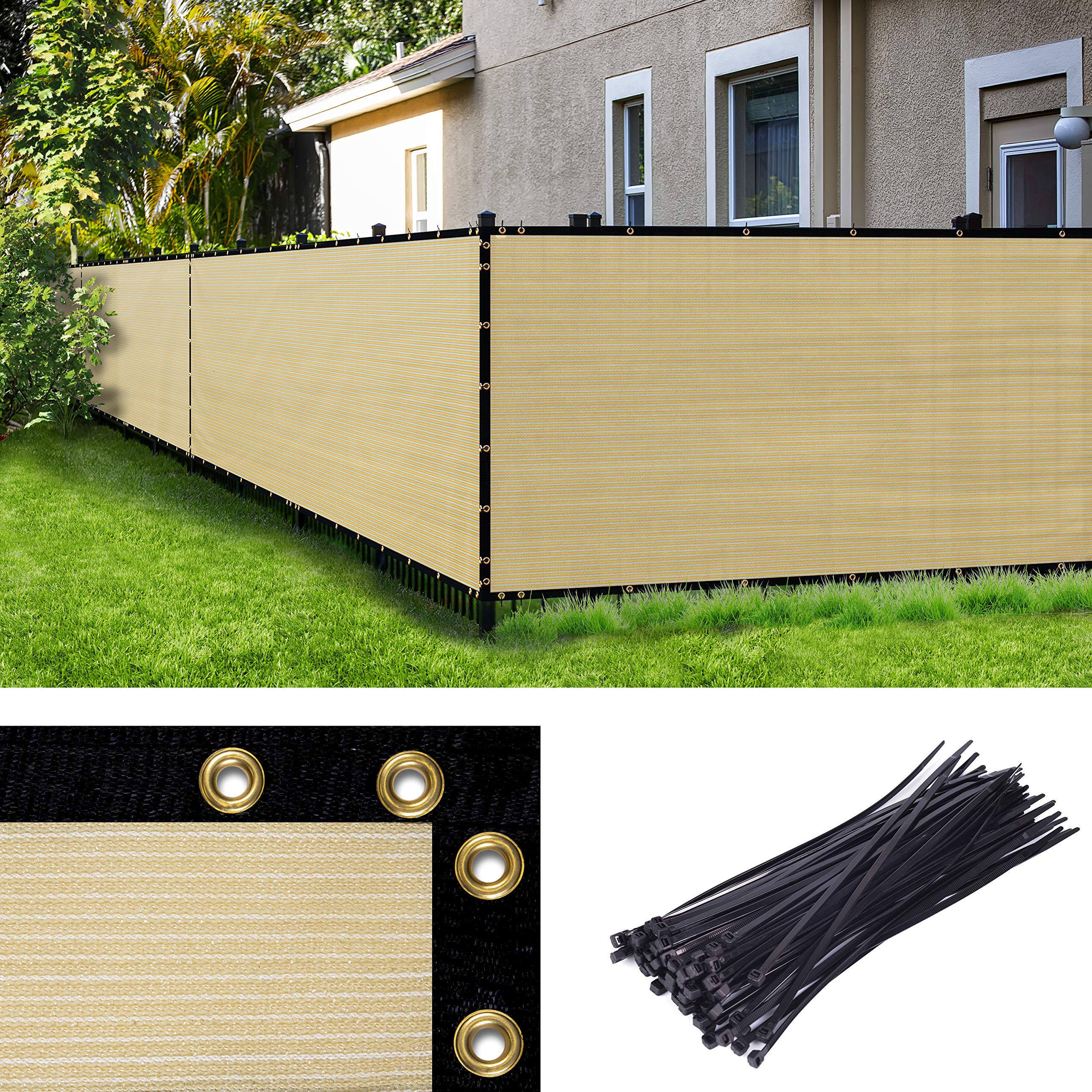 Amgo 3' x 154' Beige Privacy Fence Screen - Heavy Duty Commercial & Residential Windscreen with Grommets & Bindings (90% UV Block) - Perfect for Backyard Privacy, Pool Enclosures & Construction Site Barriers - Includes Cable Zip Ties (Custom Sizes Available)