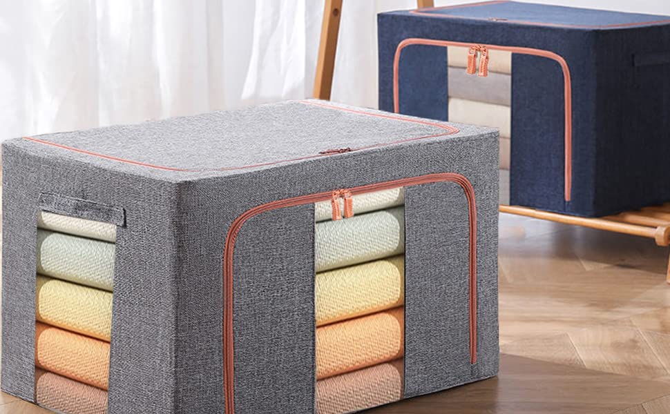 Stackable Clothes Storage Organizer Bags - 2 Pack Foldable Metal Frame with Zipper, Handles & Clear Window - 66L Gray Storage Containers for Blankets, Sweaters, Comforters & Pillows | Perfect for Closet, Bedroom & Seasonal Storage Organization
