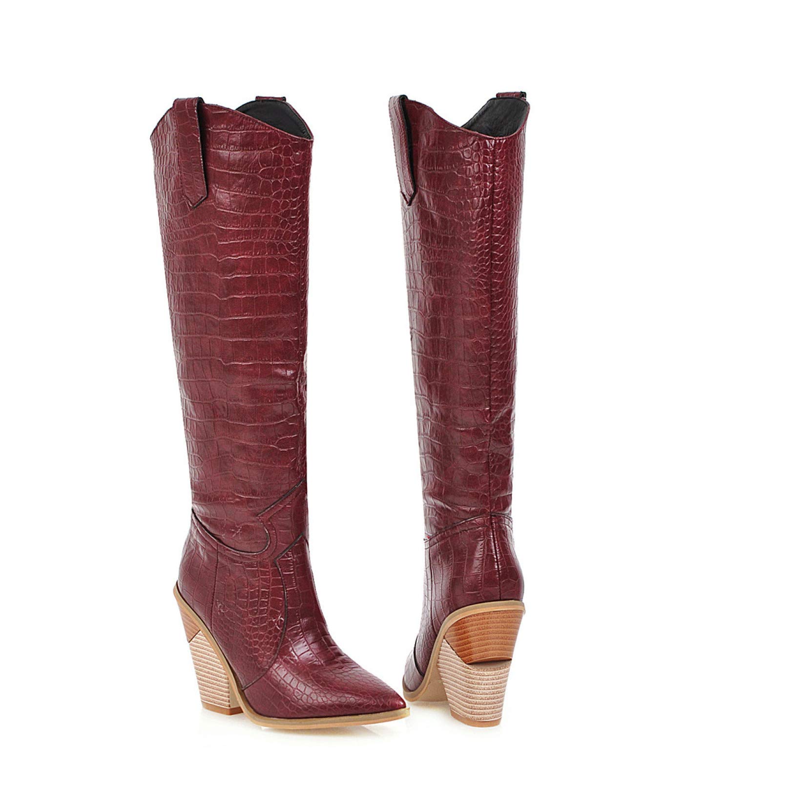 Women's Pointed Toe Chunky High Heel Mid Calf Boots - Anti-Slip Breathable Slip-On Casual Riding Boots for Fall & Winter Fashion, Office & Party Wear