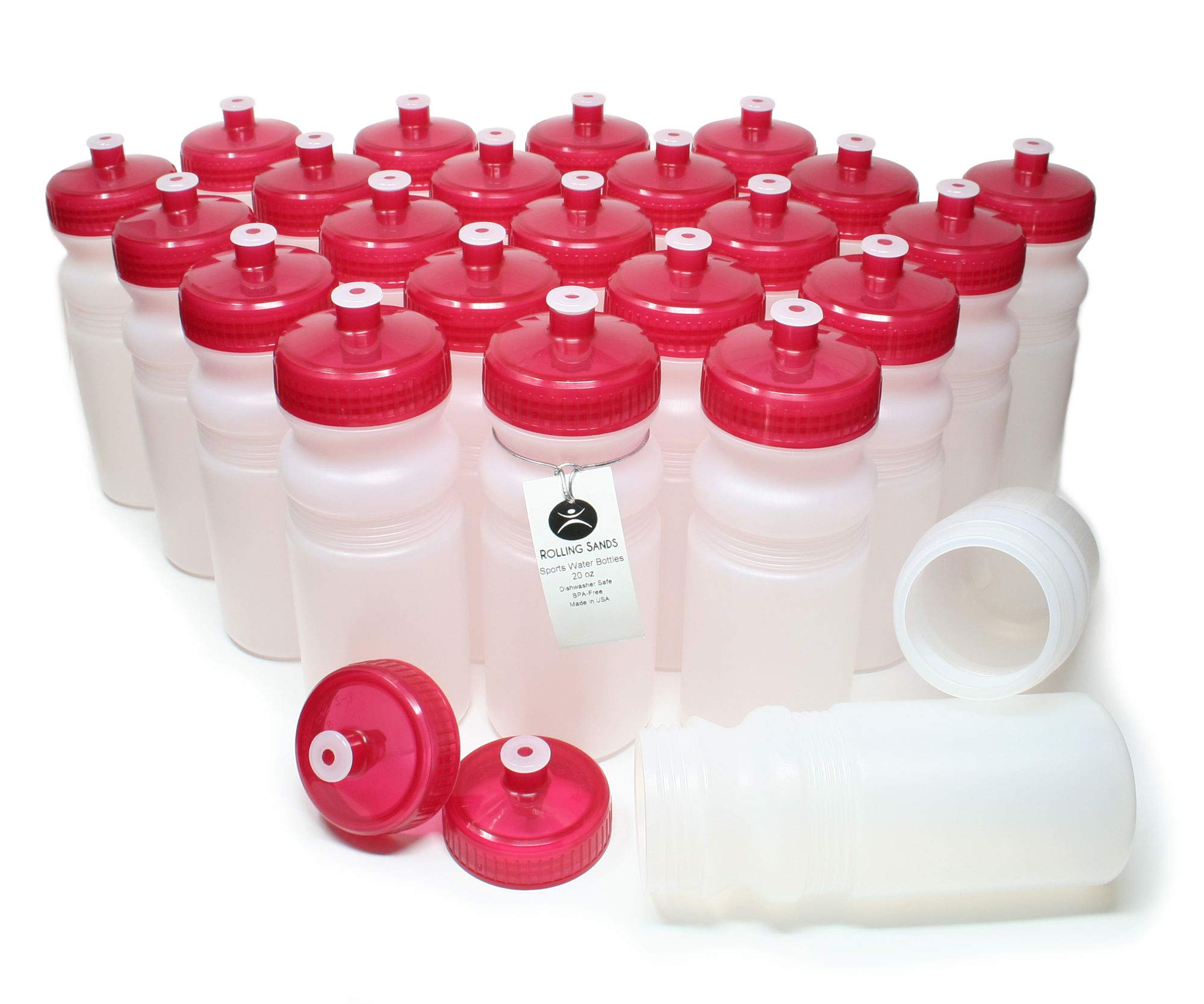Rolling Sands 20oz BPA-Free Sports Water Bottles 24 Pack - Clear Frost with Red Lids - Dishwasher Safe, Made in USA - Perfect for Gym, Hiking, Camping & Team Sports Hydration
