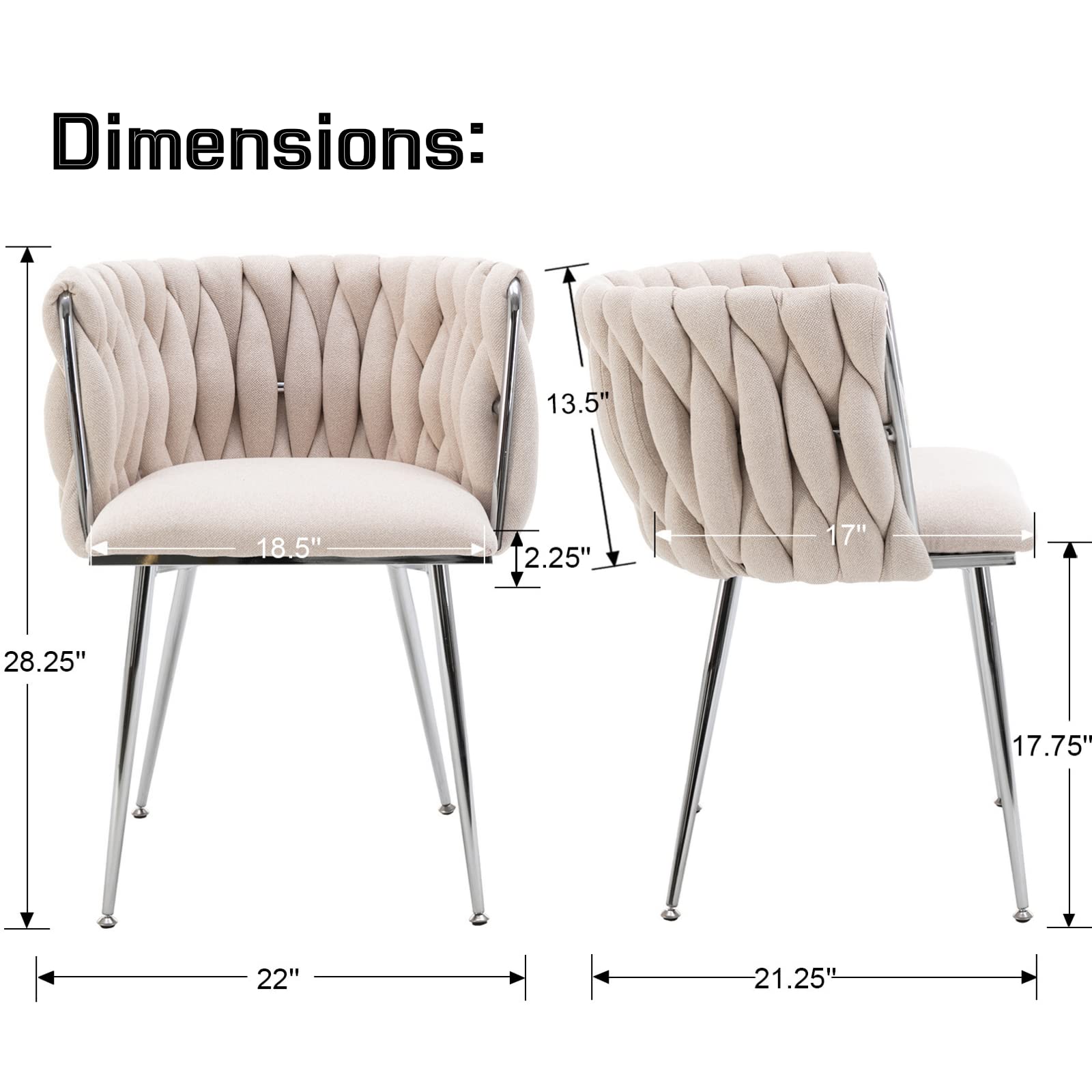 LukeAlon Modern Linen Dining Chairs Set of 2 - Woven Backrest Leisure Chairs with Silver Metal Legs, Upholstered Side Chairs for Living Room, Kitchen, Dining Room & Vanity - Beige Home Decor Accent Chairs for Comfortable Seating & Stylish Interior Design