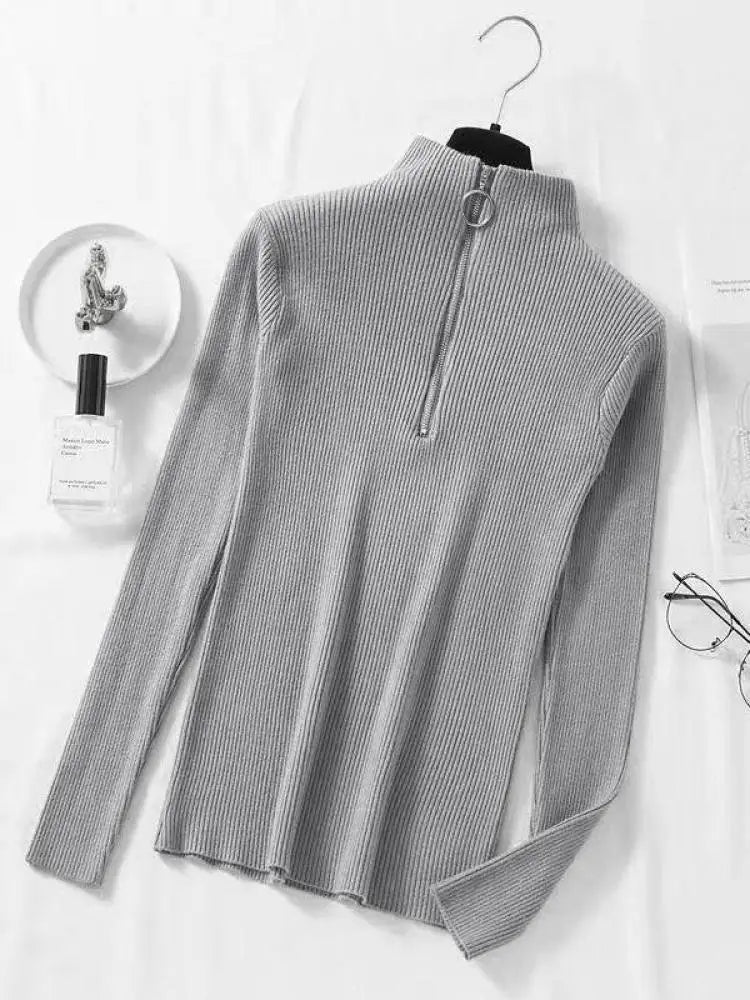 Vintage Solid Knitted Long Sleeve Zip-Up Half Turtleneck Sweater for Women - Cozy Winter Pullover for Casual Outfits & Office Wear