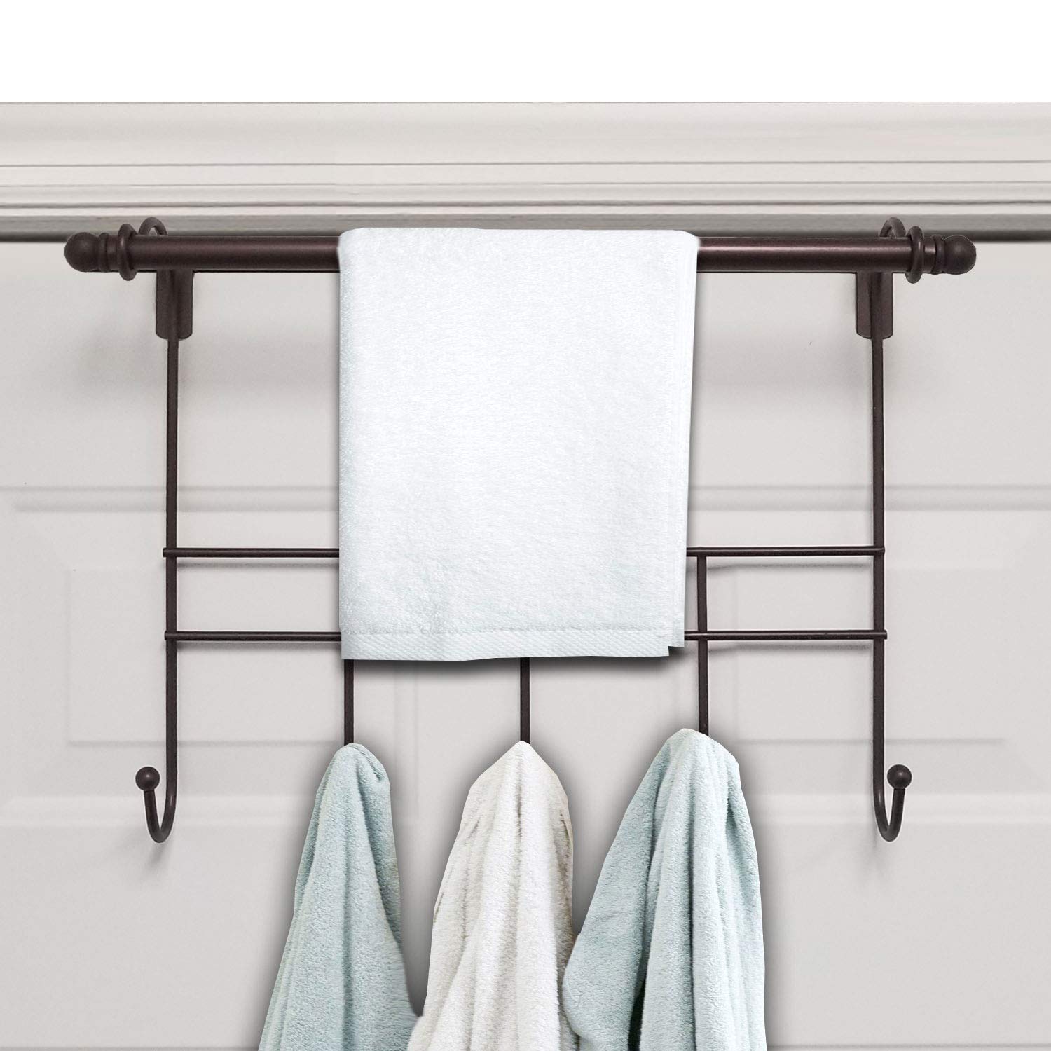 Blue Donut Over The Door Towel Rack with 5 Hooks - Bronze Bathroom Towel Holder for Kitchen, Bedroom & Laundry Room Organization