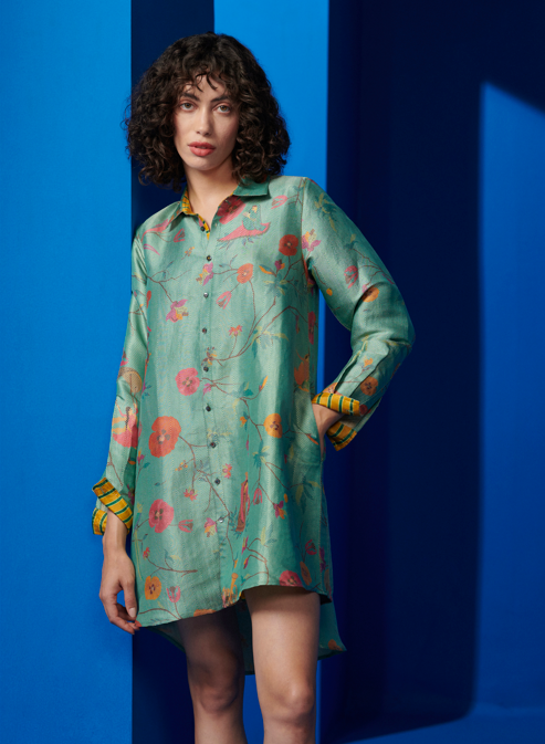 Elegant Oversized Silk Brocade Shirt in Aqua Blue - Perfect for Boho Chic Outfits & Special Occasions