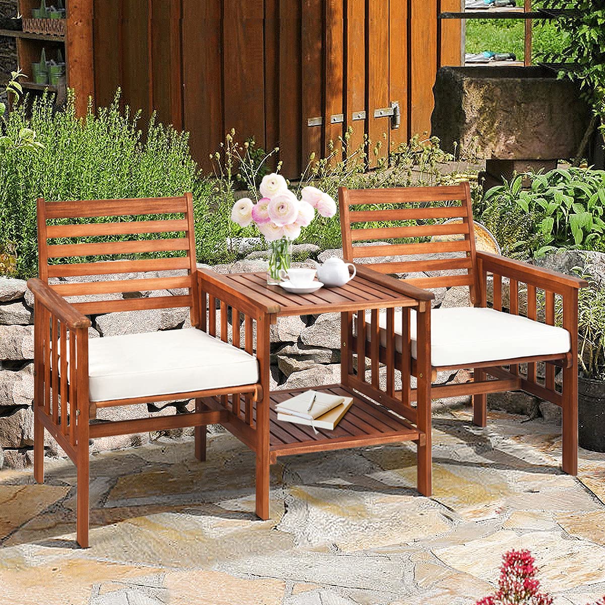 Acacia Wood Loveseat with Table - Patio Bistro Set with Cushions, 2.1-inch Umbrella Hole - Outdoor Garden & Balcony Furniture for Relaxing & Entertaining