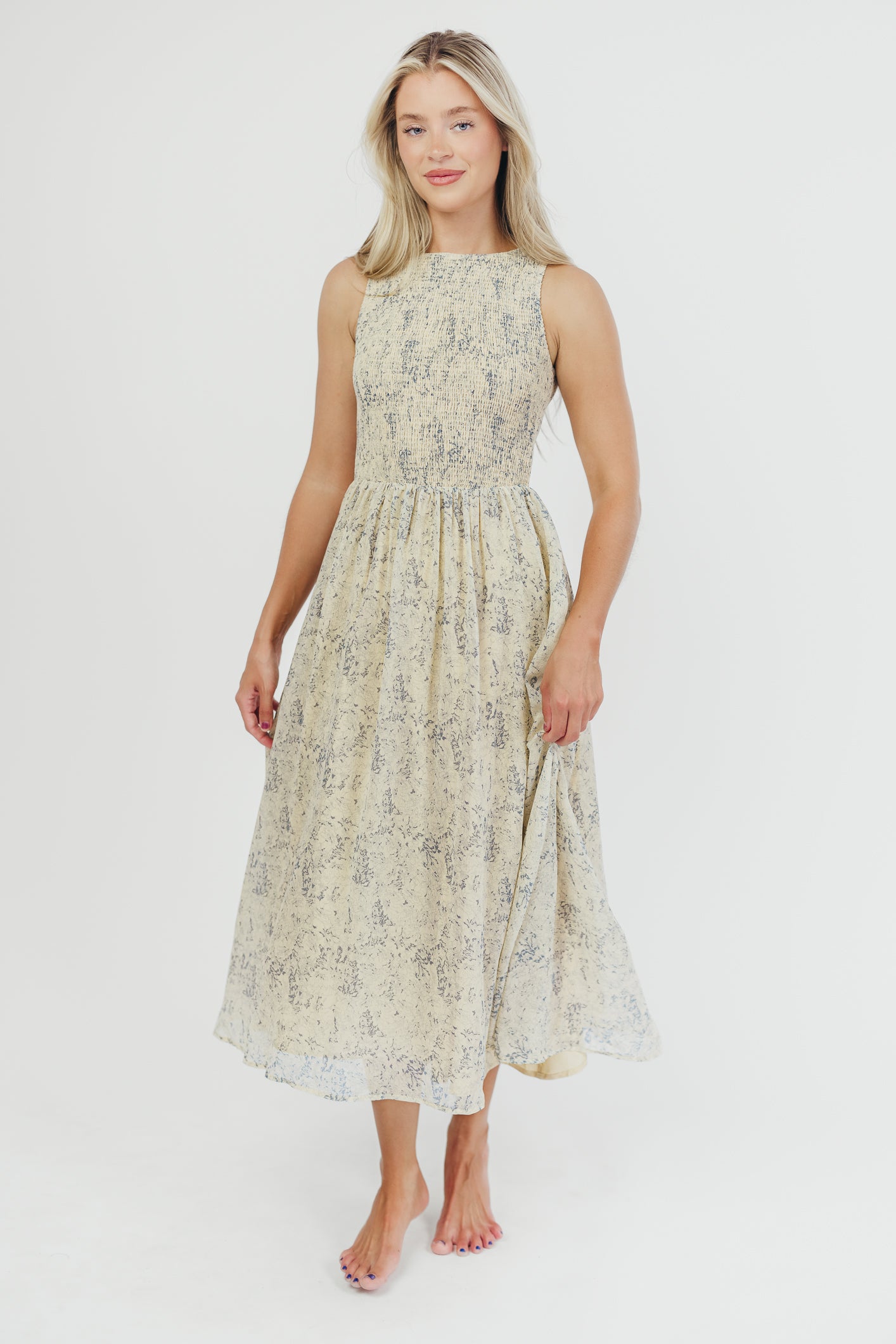 Alaina Floral Print Smocked Midi Dress - Blue Multi Color Summer Dress for Women | Perfect for Beach Vacations, Garden Parties & Casual Outings