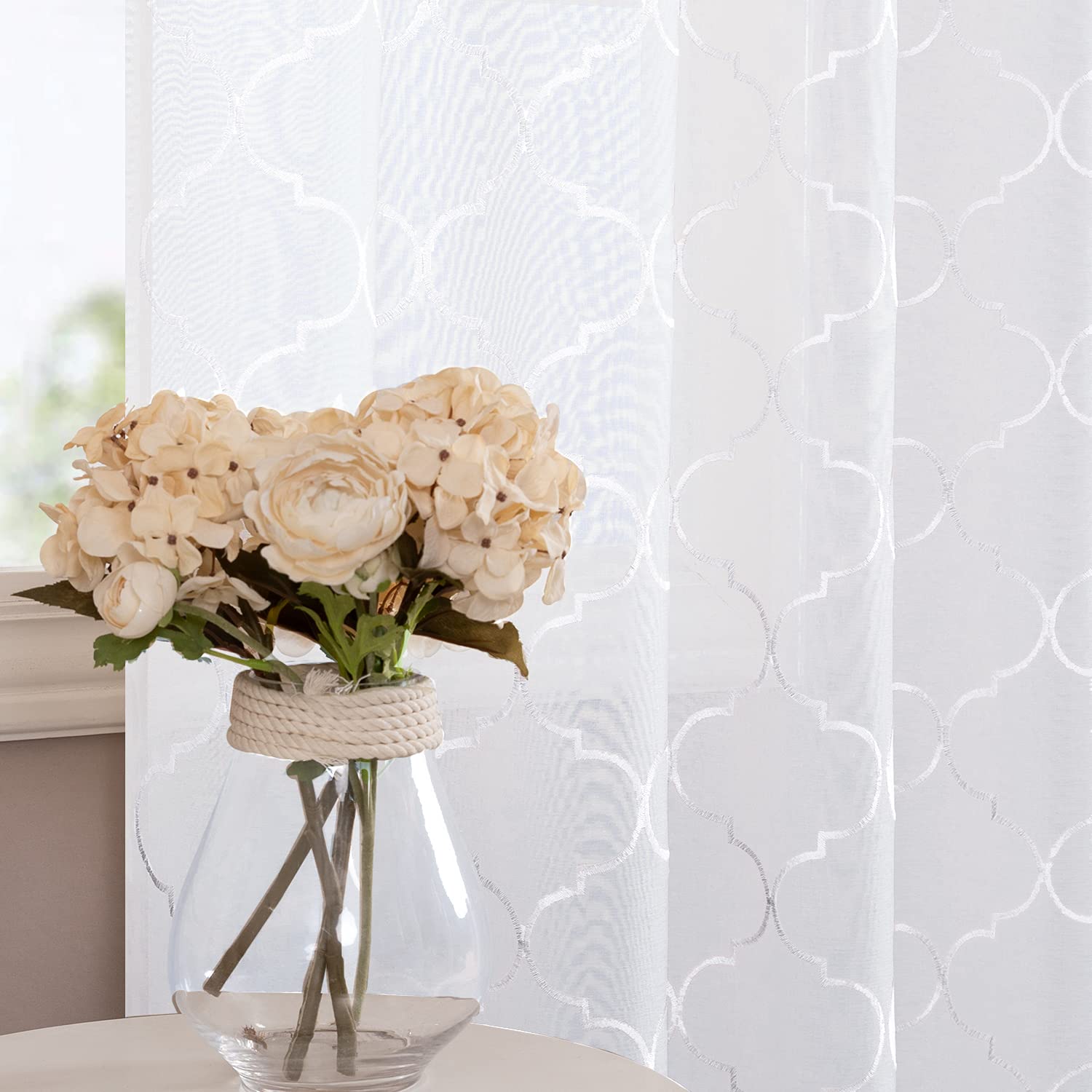 White Sheer Curtains for Living Room & Bedroom - Moroccan Tile Embroidered Window Drapes with Lattice Geometric Quatrefoil Design, Semi-Sheer Panels (Set of 2, 55x63 Inches) - Perfect for Boho Home Decor, Apartment Windows, and Cozy Interior Styling