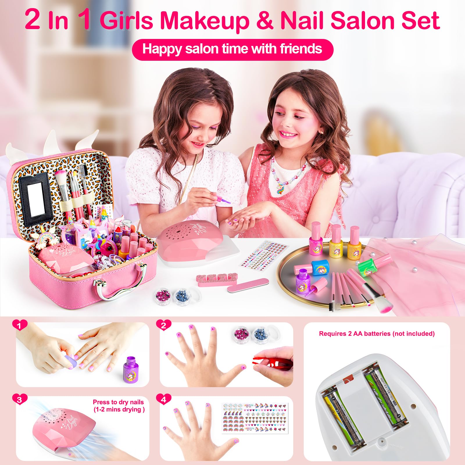 Unicorn Kids Makeup Kit for Girls Ages 3-12 - 2 in 1 Washable Play Makeup & Nail Art Set with Cosmetic Case | Safe Non-Toxic Pretend Play Cosmetics | Perfect Birthday Christmas Gift for Toddlers & Little Girls | Great for Dress-Up, Role Play & Party Fun