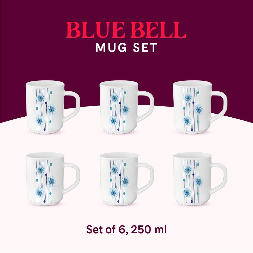 Borosil Bluebell Opalware Tea & Coffee Mugs Set of 6 - 240ml Each, Microwave & Dishwasher Safe, Bone-Ash Free, Durable White Ceramic Cups for Home, Office, Restaurants & Gift Giving