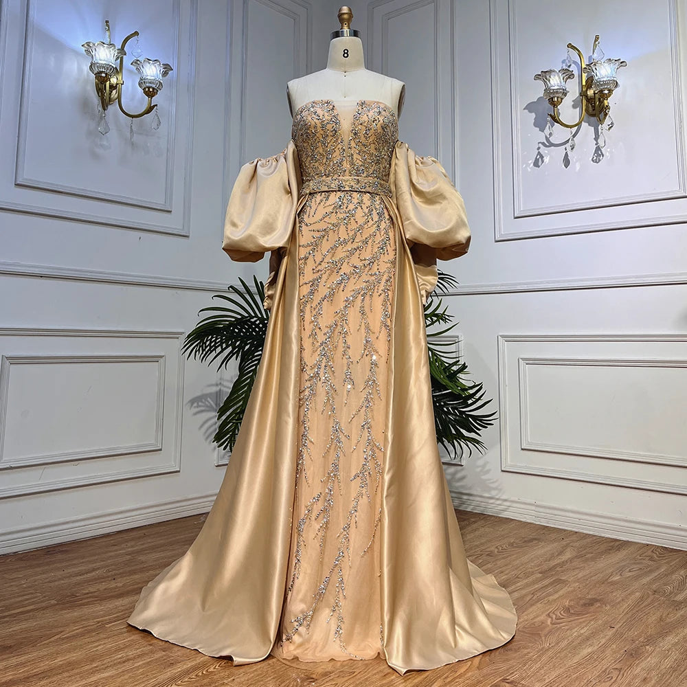 Serene Hill Champagne Luxury Mermaid Evening Dresses for Women - Elegant Long Gowns with Half Purr Sleeves for Prom, Wedding, Gala & Formal Events LA71120