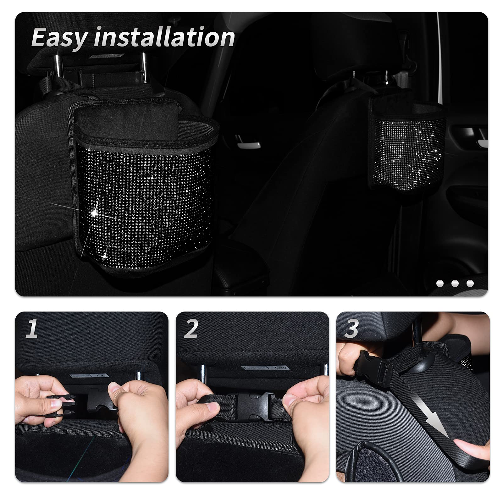 Premium Bling Crystal Car Seat Organizer - Front & Back Seat Travel Caddy Bag with Garbage Pocket - Diamond Car Accessory (1-Pack, Black) - Perfect for Road Trips, Commuting & Family Travel Organization
