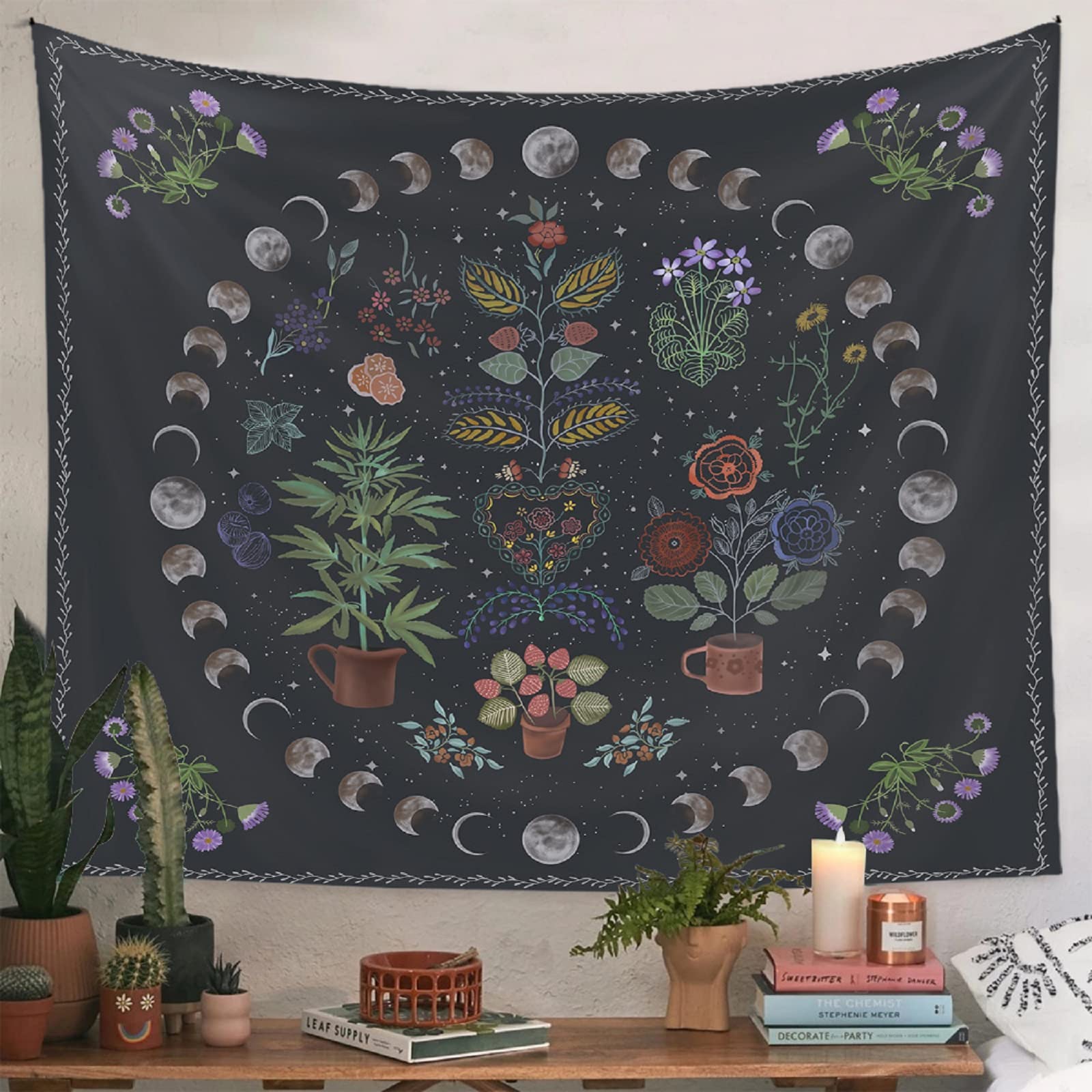 LINICE Moon Phase Plant Tapestry Wall Hanging - Bohemian Mandala Botanical Decor for Bedroom, Home & Dorm | Nature-Inspired Aesthetic Room Decor for Meditation Spaces & Boho Chic Interiors