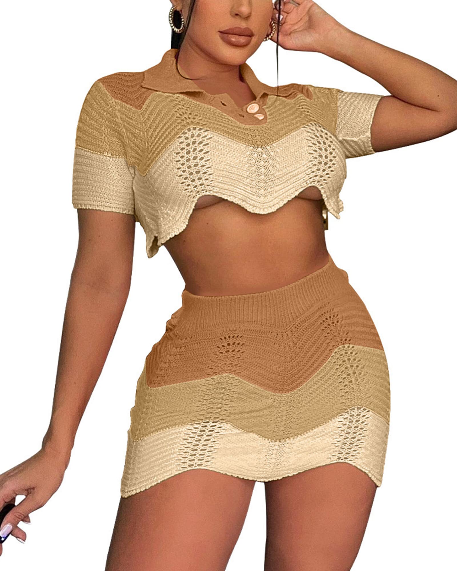 Stylish Women's 2-Piece Outfit Set - Short Sleeve Polo Shirt & Bodycon Mini Skirt | Sexy Crochet Crop Top & Skirt Combo for Summer | Perfect for Date Night, Beach Vacation and Casual Outings