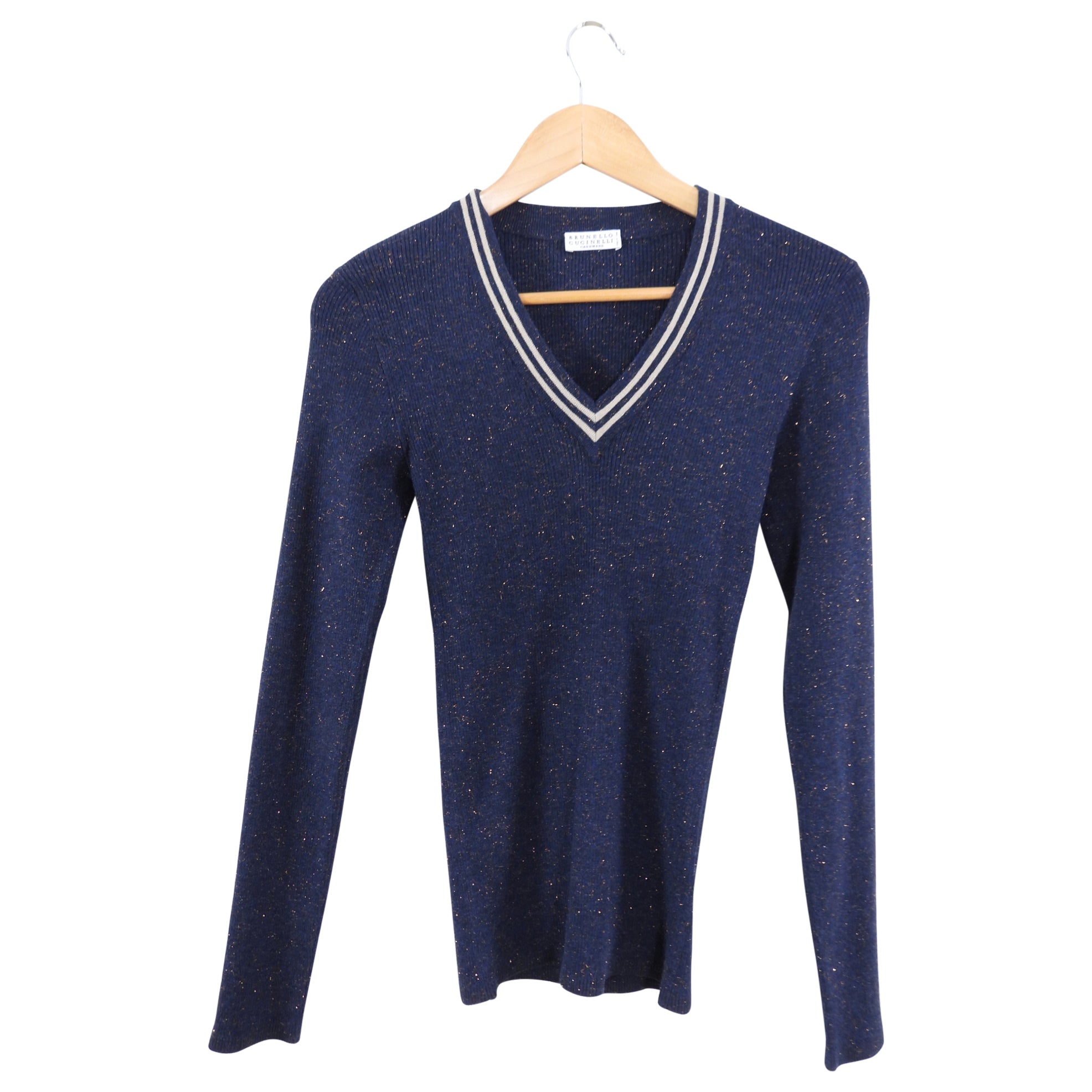 Brunello Cucinelli Men's Navy Blue Striped V-Neck Cashmere Sweater | Luxury Italian Knitwear for Business Casual & Winter Fashion