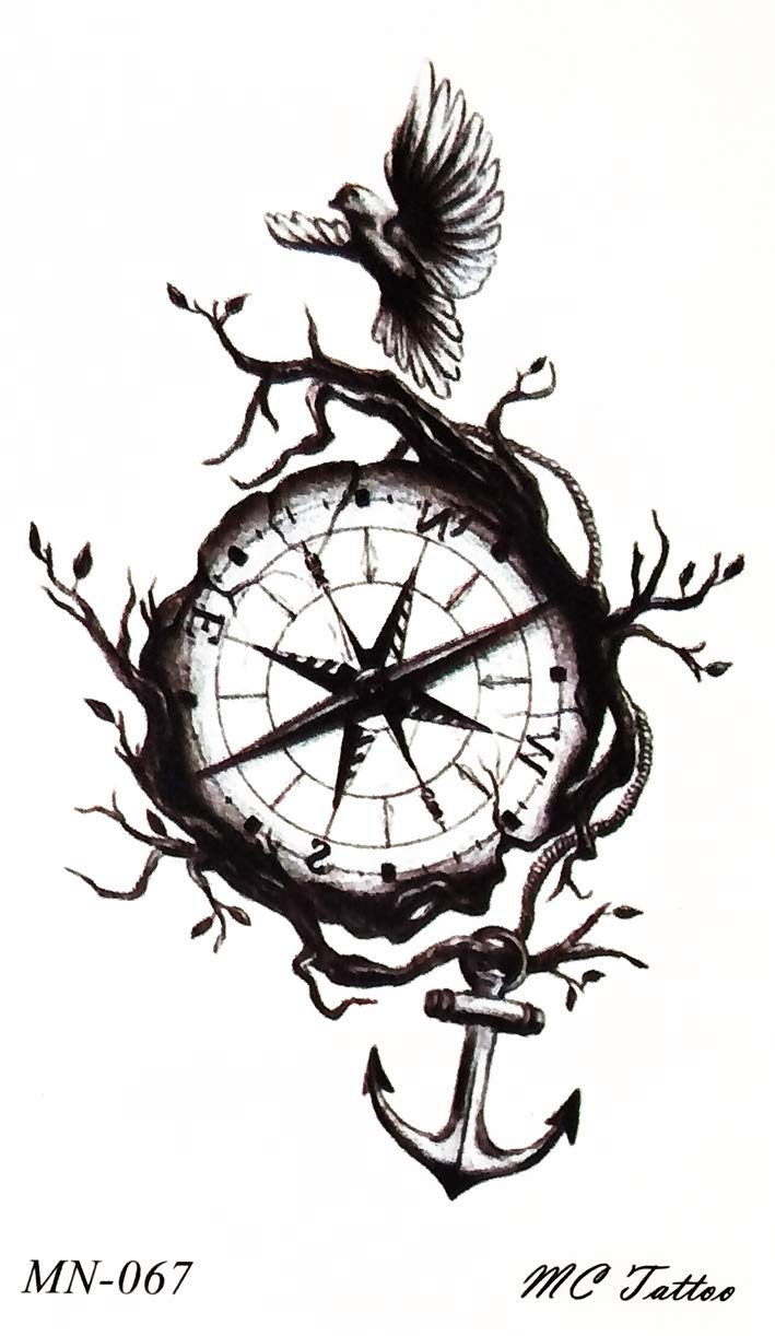 Waterproof Temporary Fake Tattoos for Adults & Kids - 2 Sheets with Bird, Anchor, Compass & Watch Designs - Body Art Stickers for Men & Women | Perfect for Parties, Festivals & Costume Makeup (10 Pack)