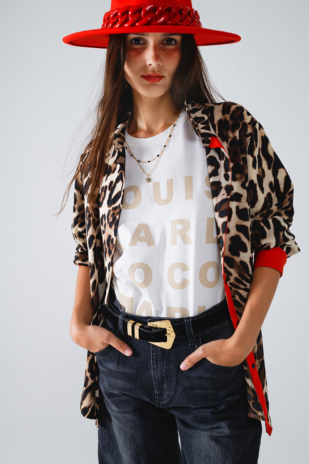 Leopard Print Shirt with Red Button Placket and Red Sleeves - Stylish Casual Wear for Women, Perfect for Office, Party & Date Nights