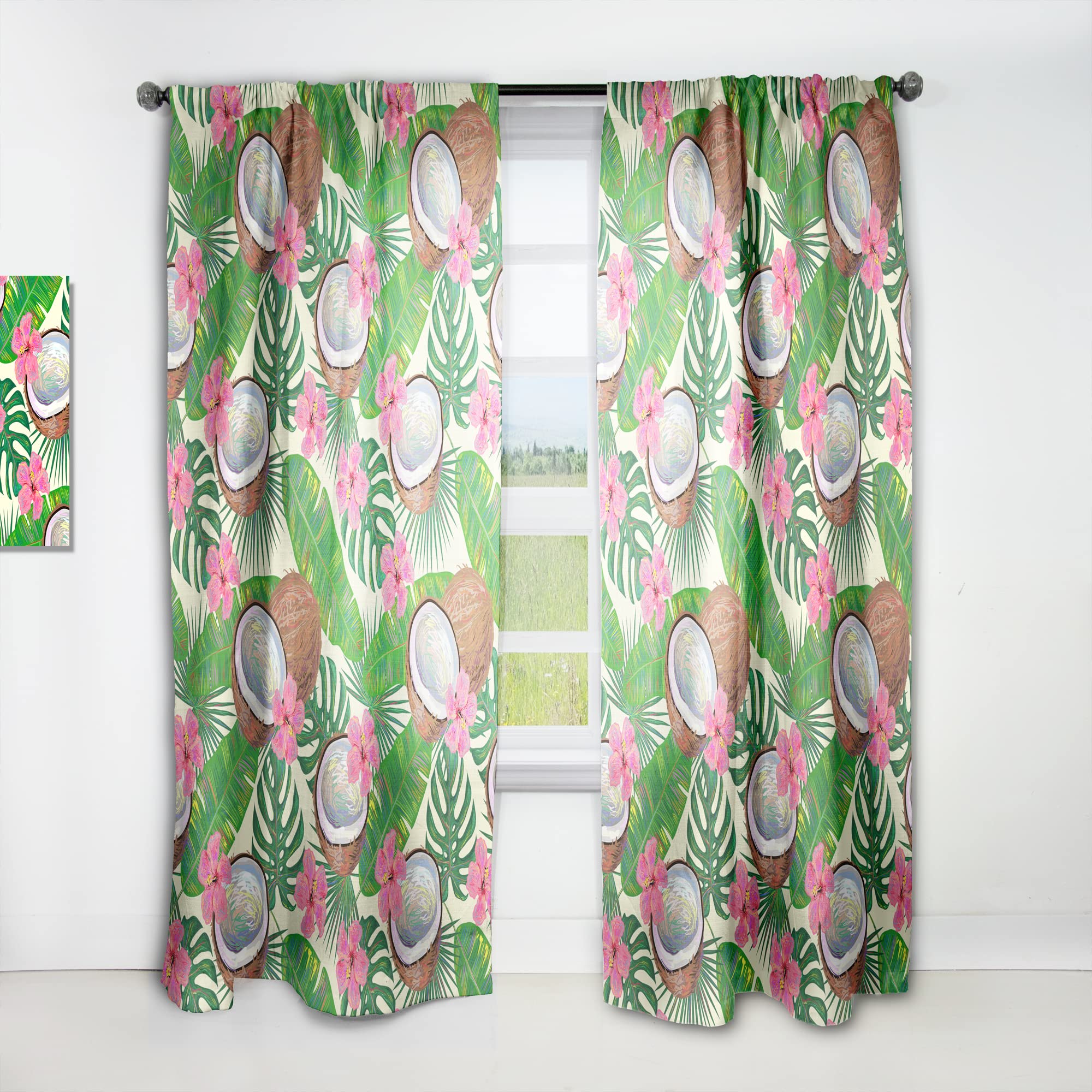DesignQ Tropical Coconut & Jungle Flowers Thermal Insulated Curtains - 52x90 Single Panel Window Drapes for Bedroom & Living Room - Perfect for Home Decor, Privacy & Energy Efficiency
