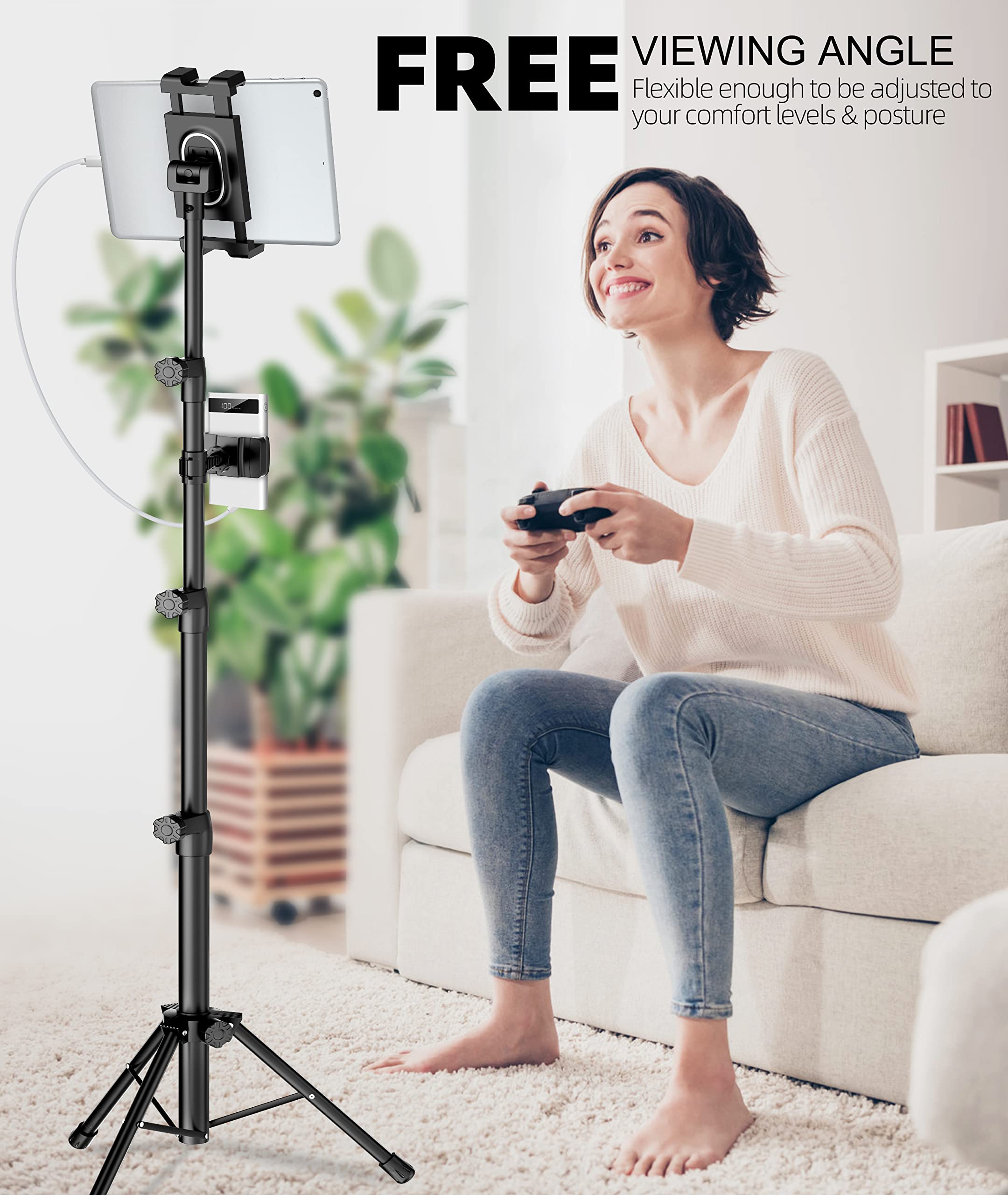 Adjustable iPad Tripod Stand with 2 Holders - Compatible with iPad Pro 12.9/11/10.5/9.7, iPad Air, iPad Mini 6/5/4/3/2, Samsung Tab, Nintendo Switch & All 4-13 Inch Tablets & Phones - Perfect for Home Office, Video Calls, Streaming & Photography