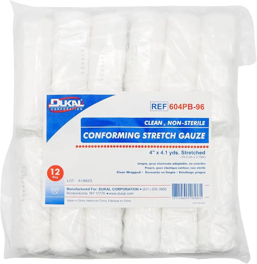 Dukal Conforming Stretch Gauze Bandage Rolls - 4 Inch x 4.1 Yard (12 Pack) | First Aid Wound Care, Medical Dressings for Emergency Kits & Home Use