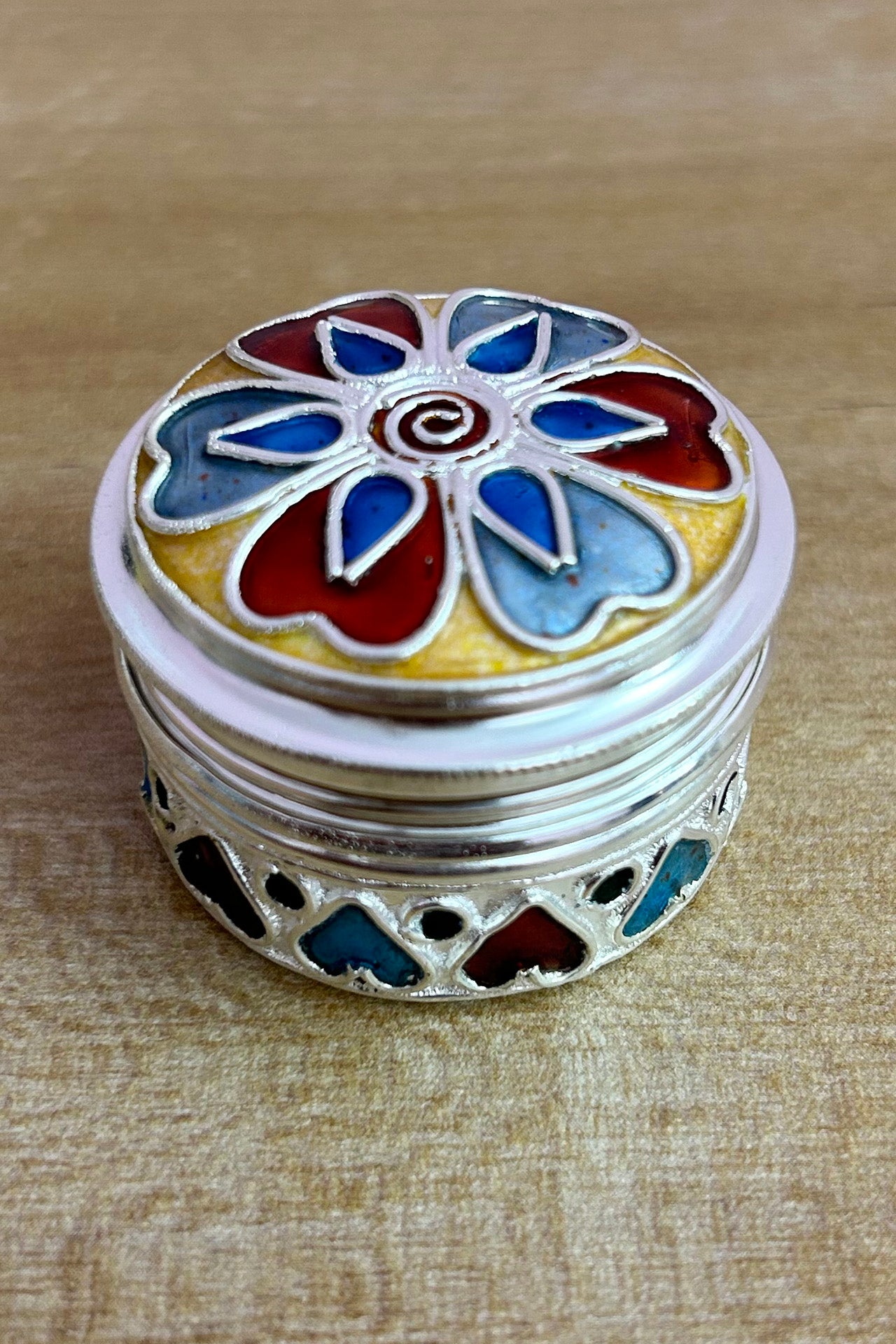 925 Sterling Silver Kumkum Box with Traditional Meena Artwork (Design 60) - Perfect for Hindu Puja Rituals, Wedding Gifts & Home Decor