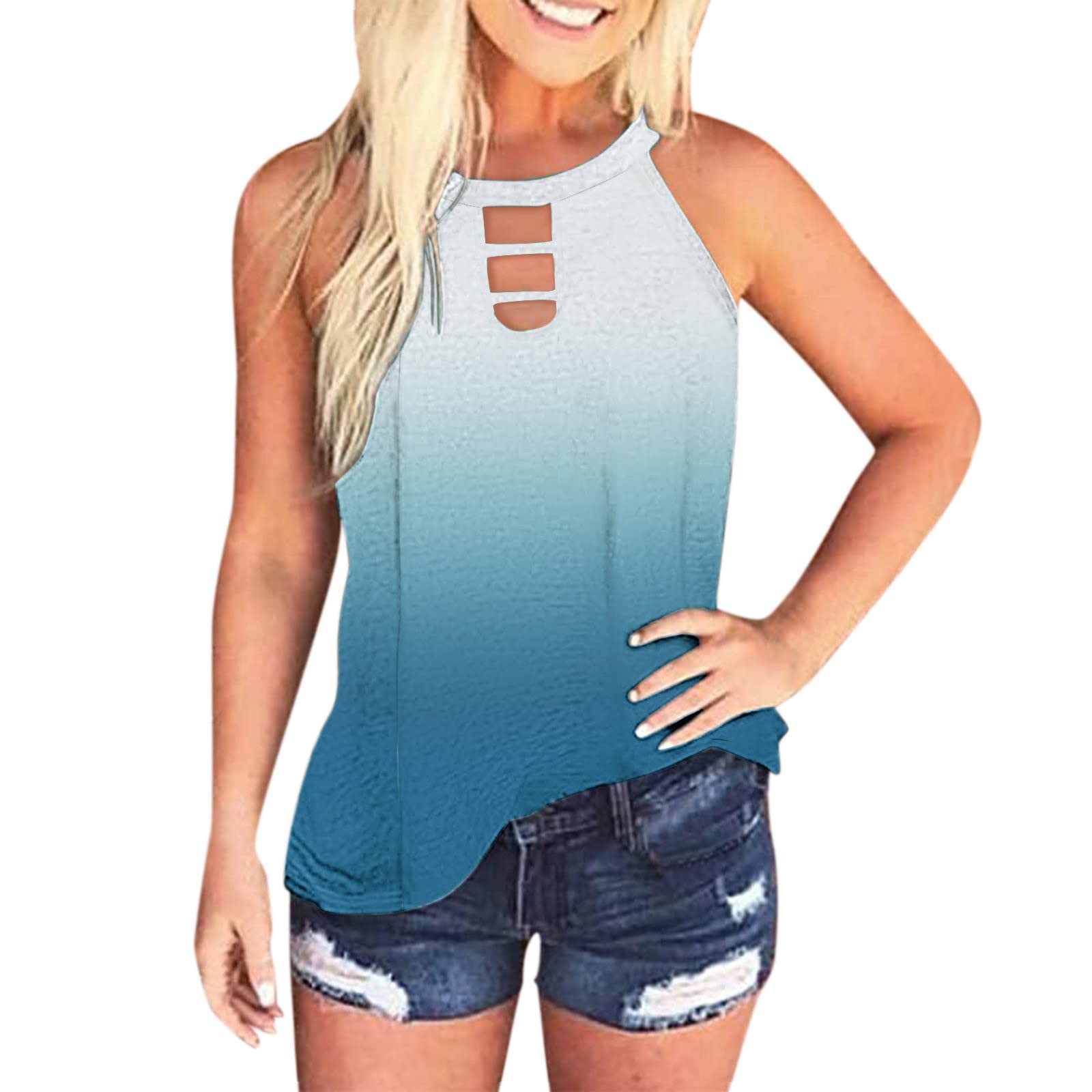Women's Summer Beach Tops - Sleeveless Halter Hollow Out Cami Tank Tops with Cut Out Neck | Floral Print Casual Blouse for Vacation, Pool Party & Outdoor Activities
