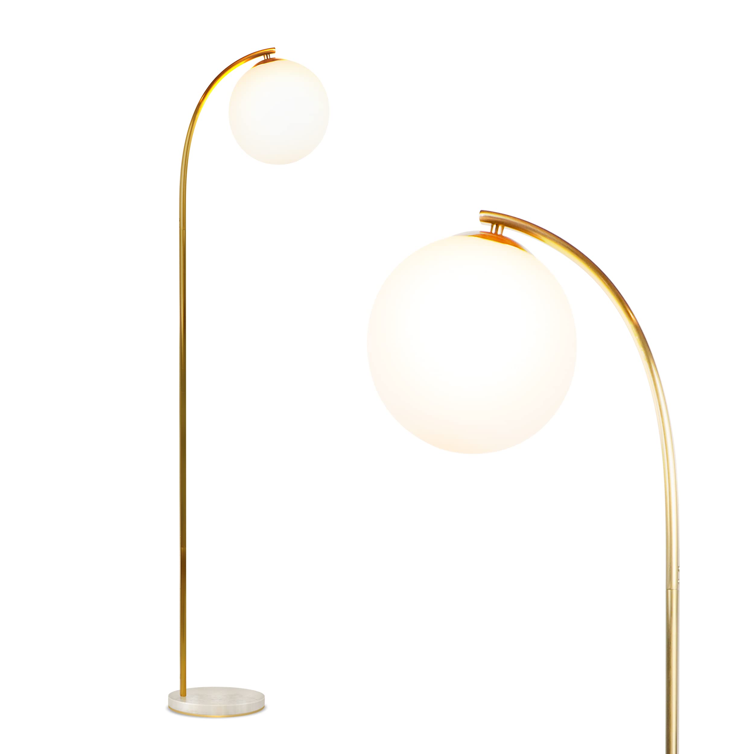 Brightech Luna Drop LED Floor Lamp - Frosted Glass Globe Arcing Standing Light, Mid-Century Modern Living Room Lamp for Bedroom, Office & Reading Nook - Brass Finish - Perfect for Cozy Nights & Boho Rustic Home Decor