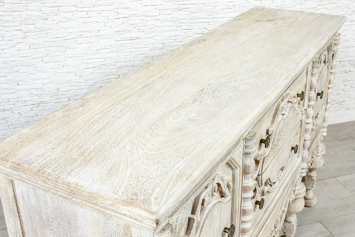 French Arched Hand Carved Indian Solid Wood Console Hall Table - Whitewashed Distressed Finish - Entryway, Living Room, Foyer Decor - 36 Inch Farmhouse Style Sofa Table