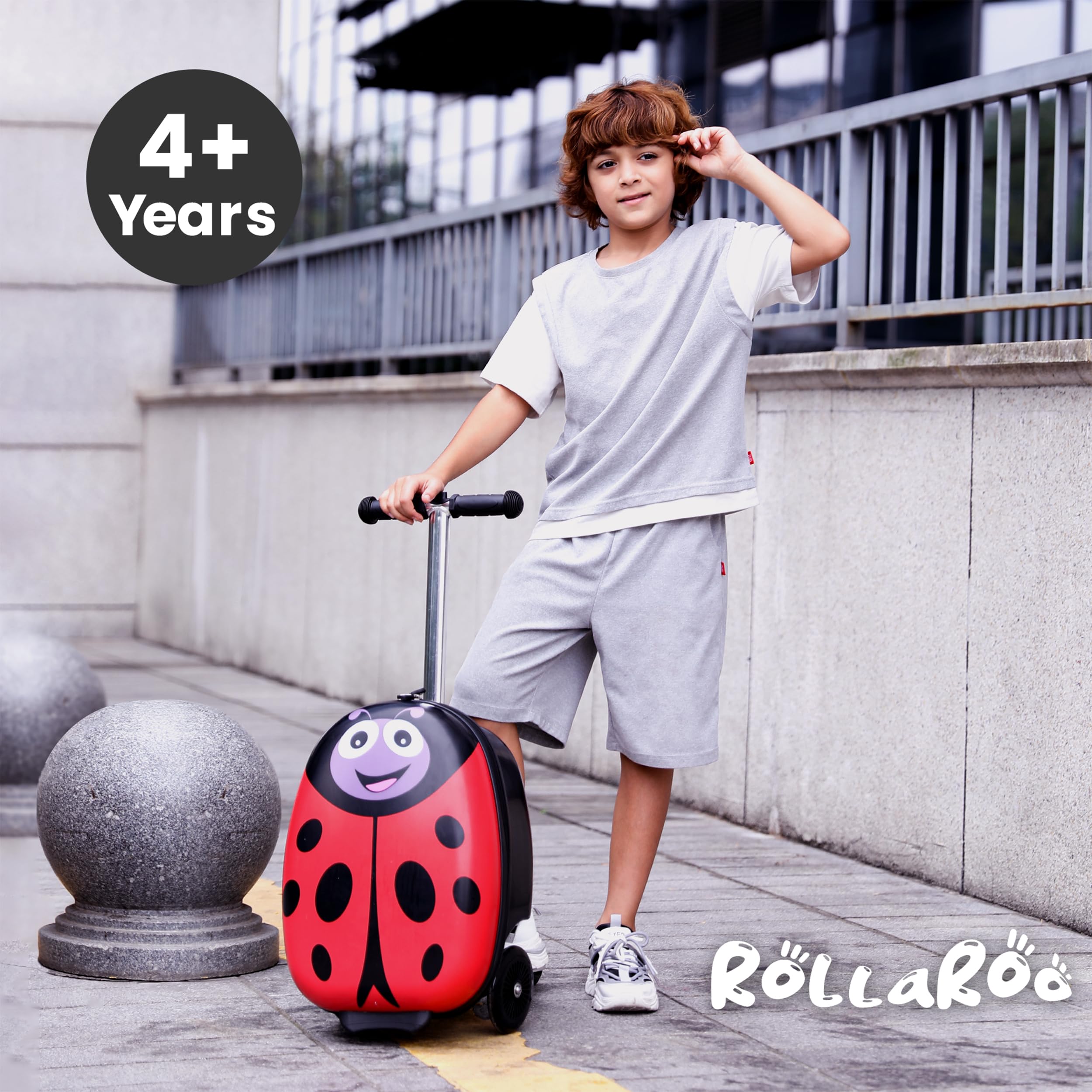 Ladybug Kids Scooter Suitcase - Foldable Ride-On Luggage with Wheels for Travel | Multifunctional Children's Carry-On with Strong Grip, Easy Locks & Smooth Zippers | 110LB Capacity | Perfect for Airports, Family Trips & School Commutes