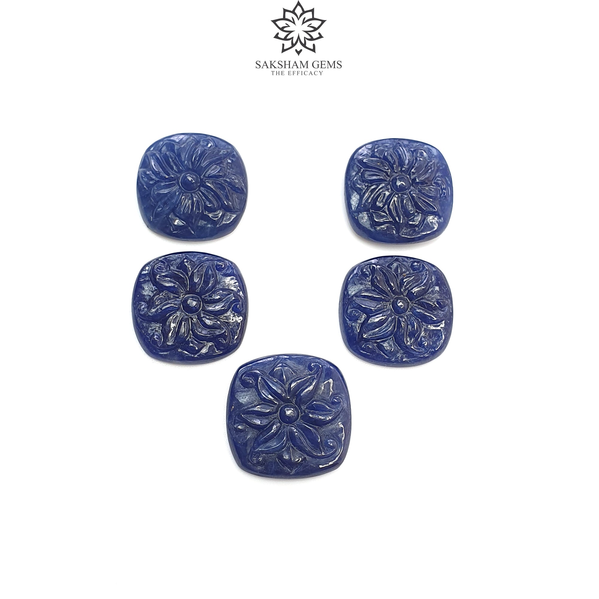 Natural Deep Blue Sapphire Gemstone Carving - 53.20cts Untreated Unheated Hand-Carved Cushion Shape (16x15mm & 18x16mm, 5pcs) | Perfect for Jewelry Making, Engagement Rings & Luxury Gifts