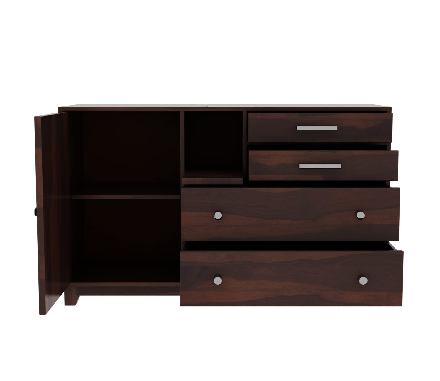 Solid Sheesham Wood Sideboard Cabinet & Chest of Drawers - 4 Drawers & 3 Shelves Storage Unit for Bedroom, Living Room, Dining Room | Multipurpose Wooden Storage Furniture for Home Organization & Display