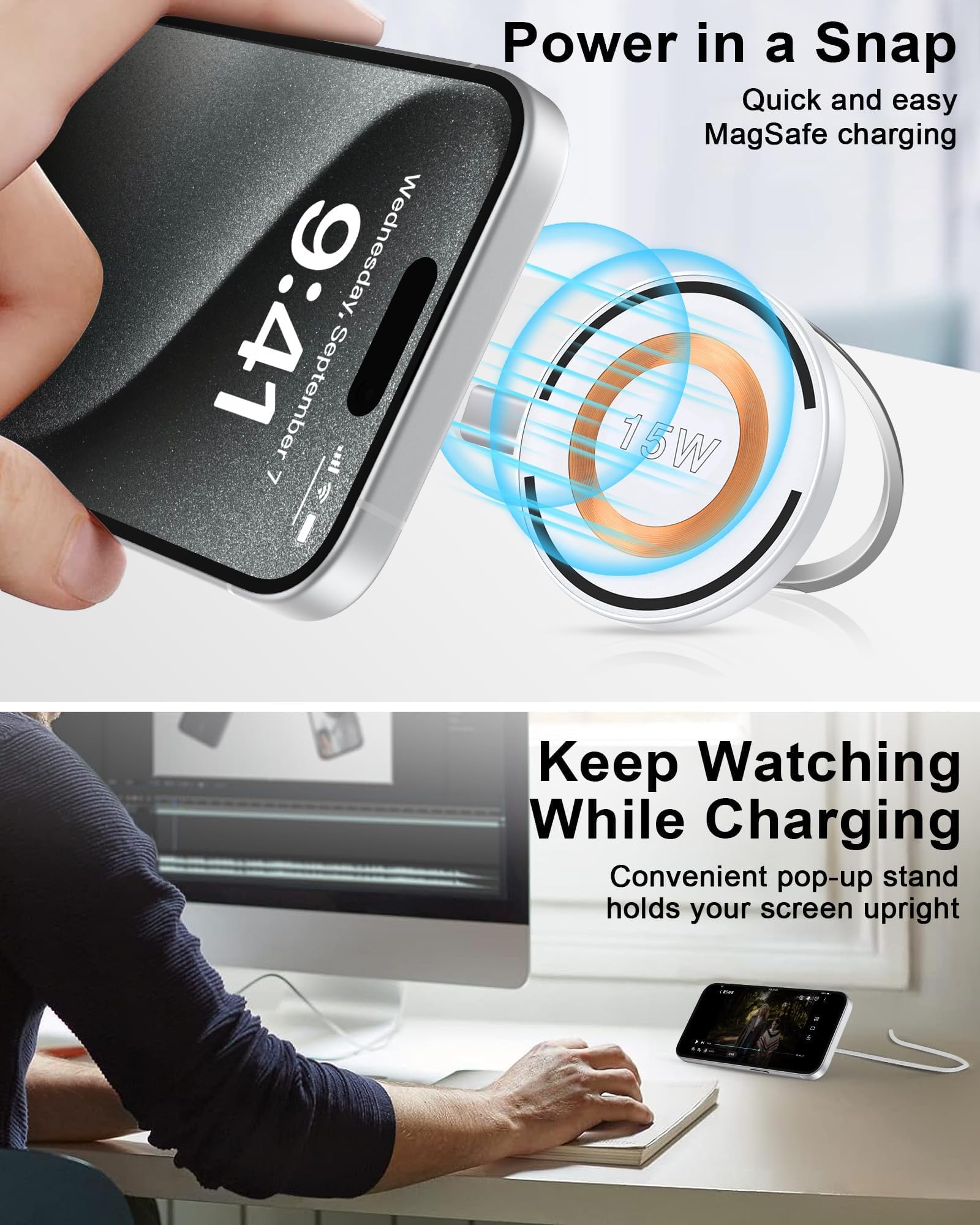 AILKIN 2-Pack 15W Magnetic Wireless Charger Stand - Fast Qi Charging Pad for Google Pixel 8 Pro/7/7a, iPhone 15 & Galaxy S24 - Portable Magsafe-Compatible Charging Station for Home, Office & Travel