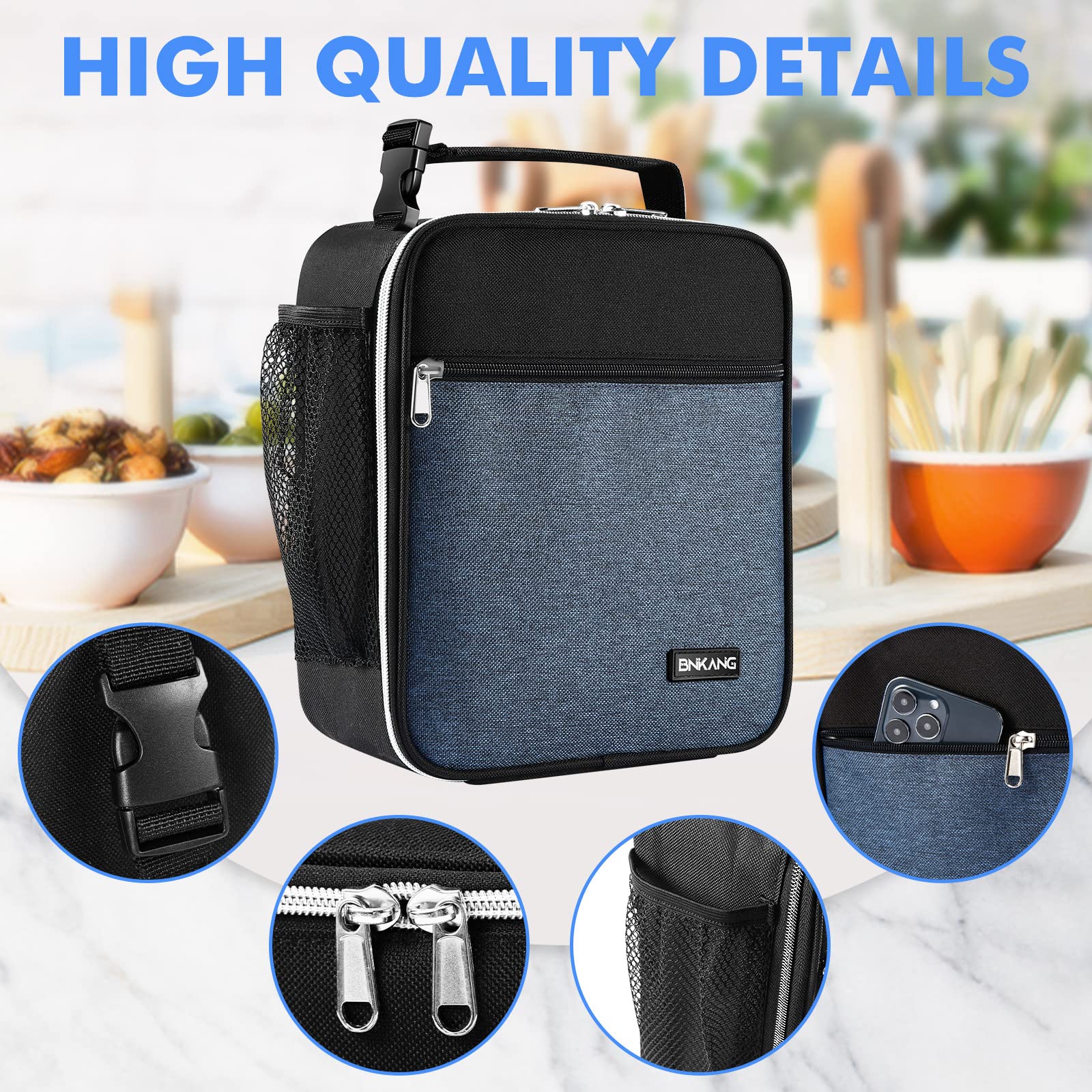 Insulated Lunch Box for Adults - Reusable & Durable Small Lunch Bag Tote for Men & Women (Black with Blue) | Perfect for Work, School, Picnics & Outdoor Activities