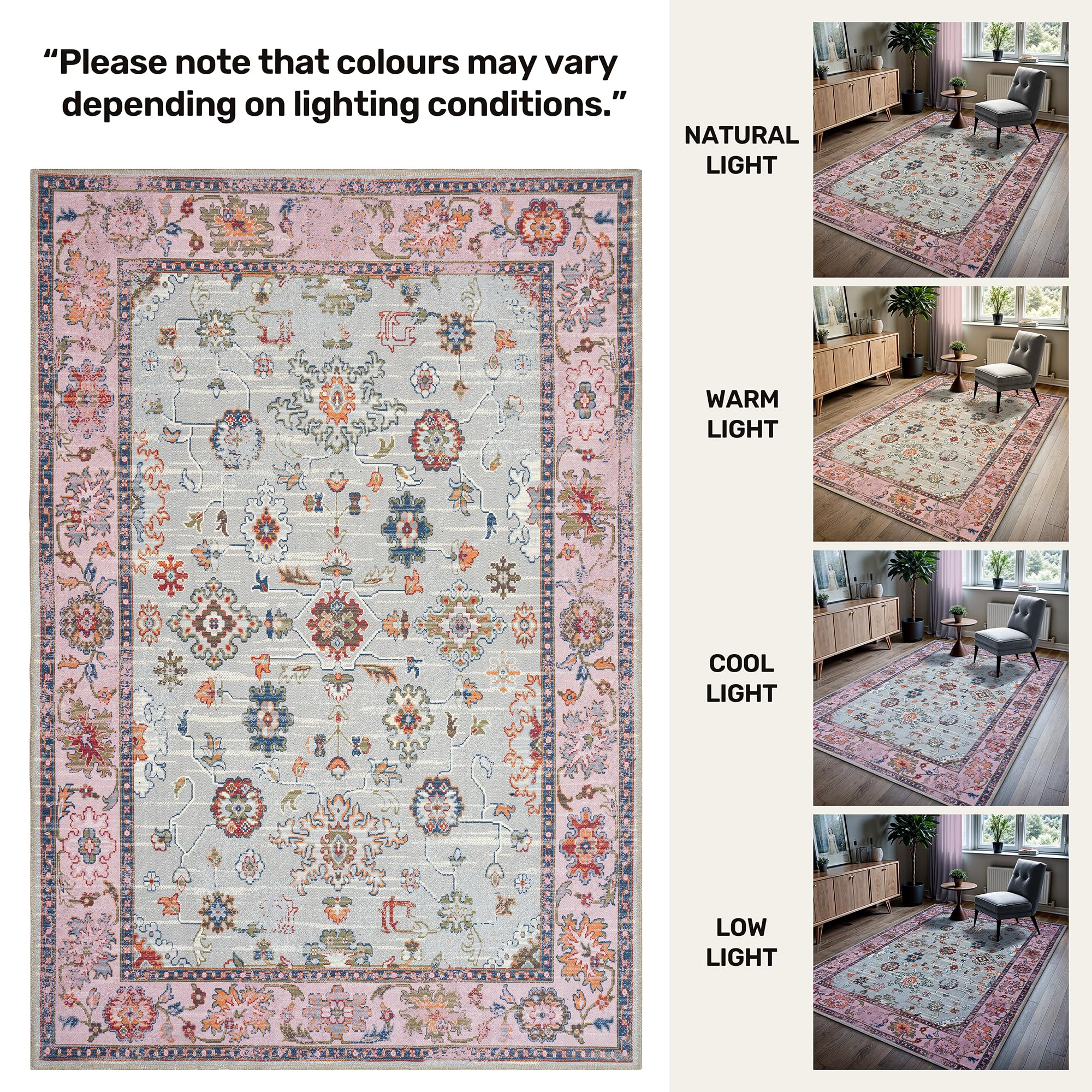 GLN Rugs Traditional Collection - Machine Washable Non-Slip Low Pile Chenille Area Rug 2'6