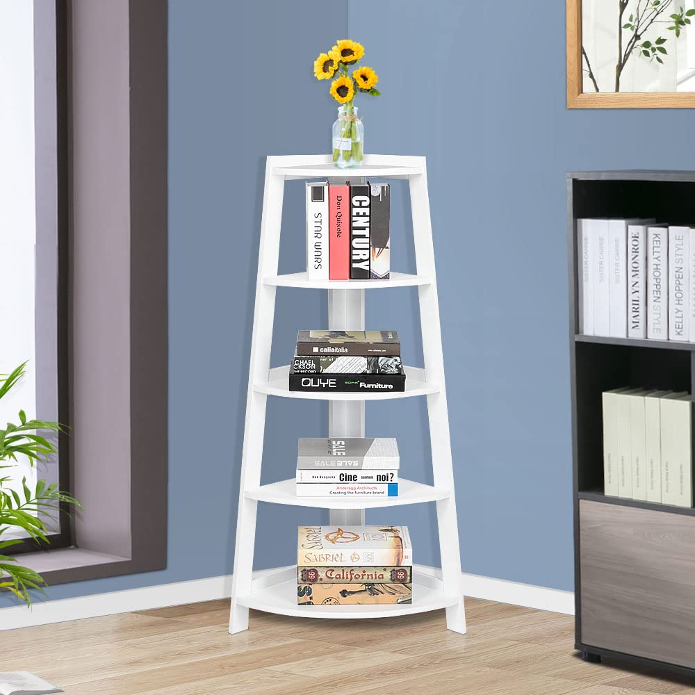 5-Tier Corner Shelf Stand - Wooden Storage Rack & Bookshelf for Living Room, Kitchen, Home Office | Space-Saving Organizer for Books, Plants & Decor (White) - Perfect for Small Spaces & Corner Decor