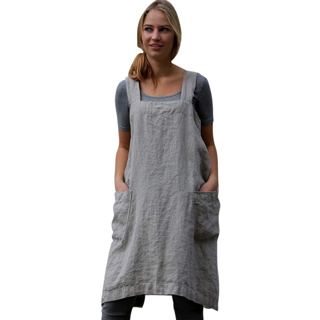 Women's Plus Size Cotton Linen Overall Dress - Casual Bib Apron Garden Work Dress with Square Cross Design | Perfect for Gardening, Cooking, Farm Work & Outdoor Activities