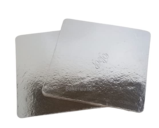 Bakerelation 8 Inch Square Cake Base - 5-Piece Corrugated Cardboard Cake Stands for Baking & Decorating - Silver Finish for Birthday, Wedding & Party Dessert Displays