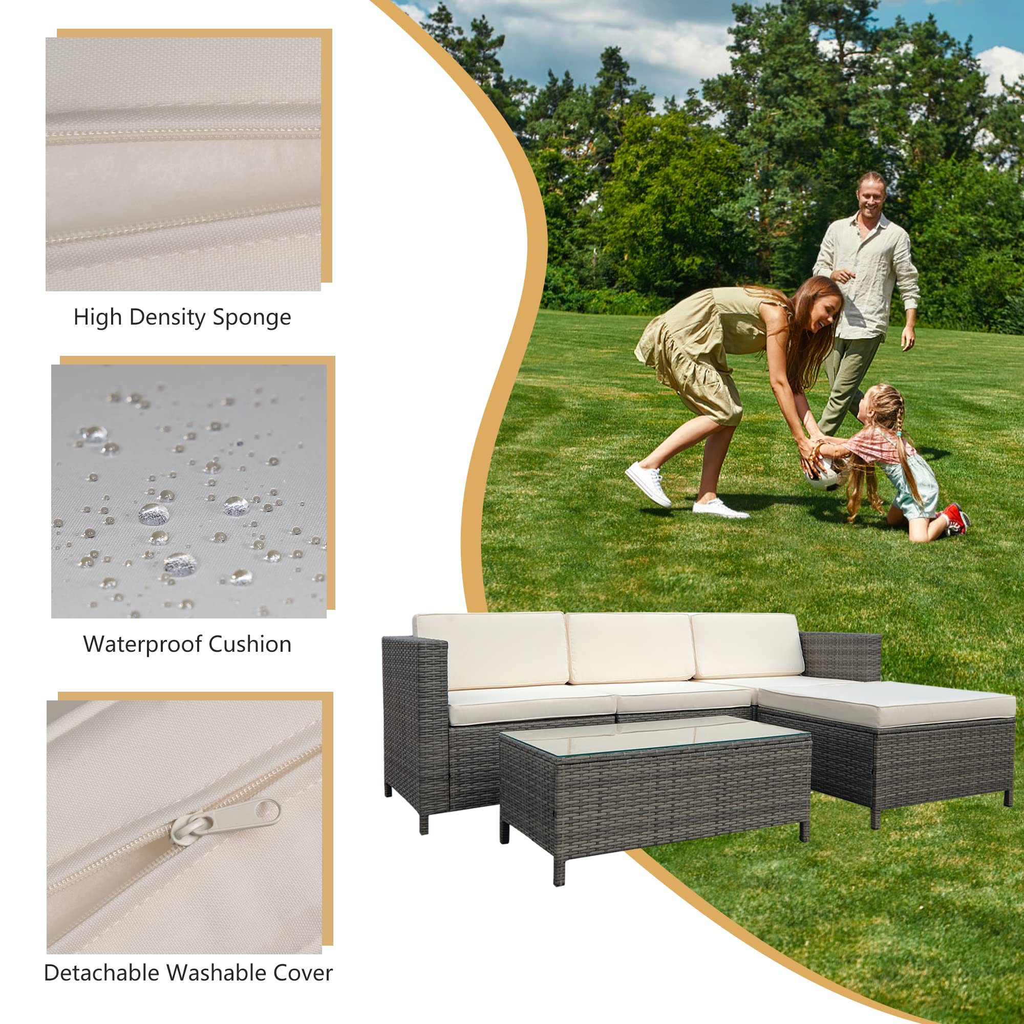 5-Piece Outdoor Patio Sectional Furniture Set - Weather-Resistant Rattan Sofa with Waterproof Cushions for Balcony, Porch, Backyard, Deck & Garden - Beige - Perfect for Relaxing, Entertaining & Outdoor Gatherings