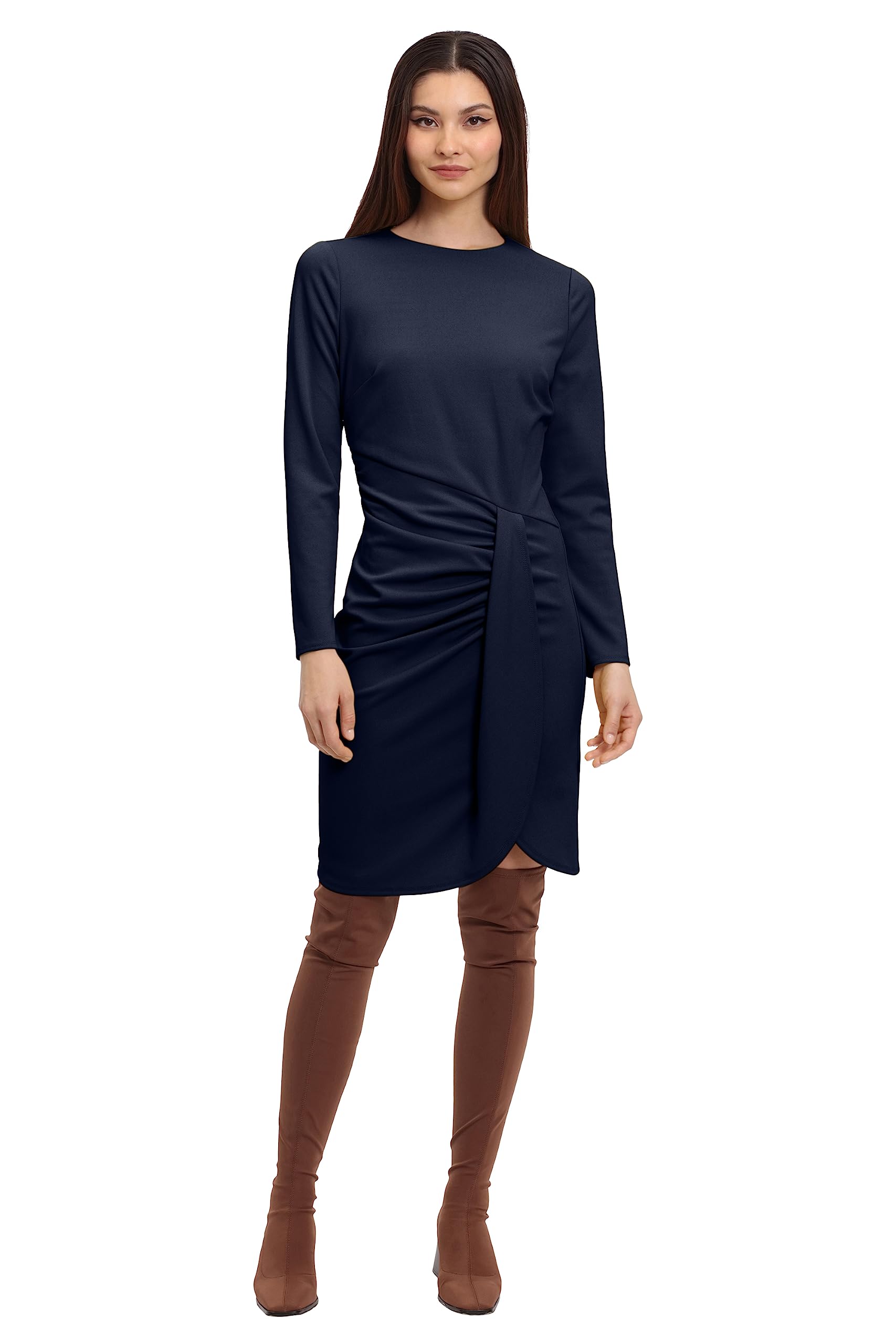 Donna Morgan Women's Long Sleeve Faux Wrap Dress - Elegant Office & Party Wear for Women | Flattering A-Line Silhouette | Plus Size Options Available | Perfect for Work, Cocktail Events & Special Occasions